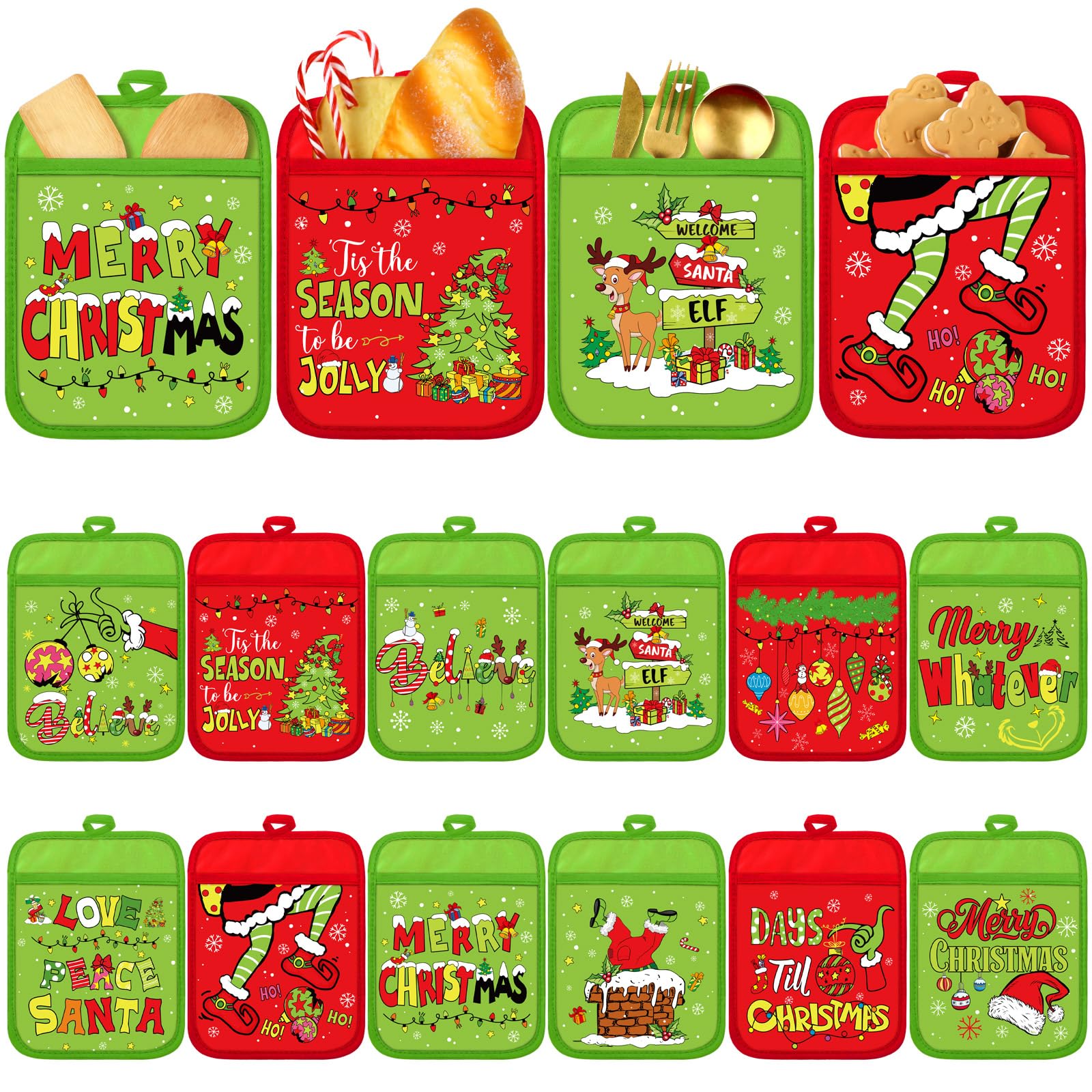 Jingmore 12 Pcs Christmas Pot Holders Bulk with Pocket Lime Green Xmas Pot Holders for Kitchen Red Green Santa Hot Pads and Oven