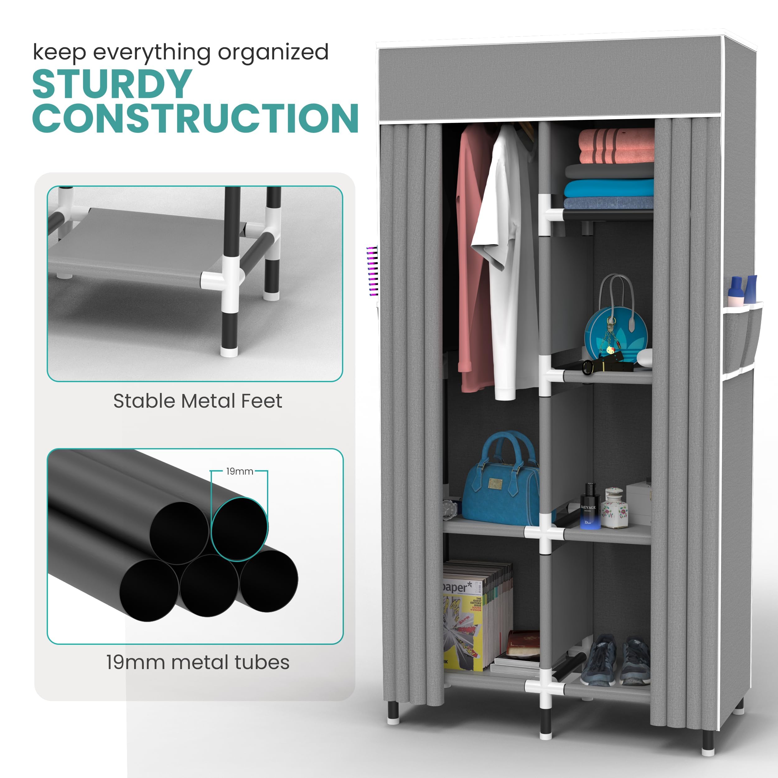 Tidyfy Portable Closet Wardrobe With 6 Storage Shelves And 1 Hanging Rack | Small Closet Clothes Organizer Portable Wardrobe Clo