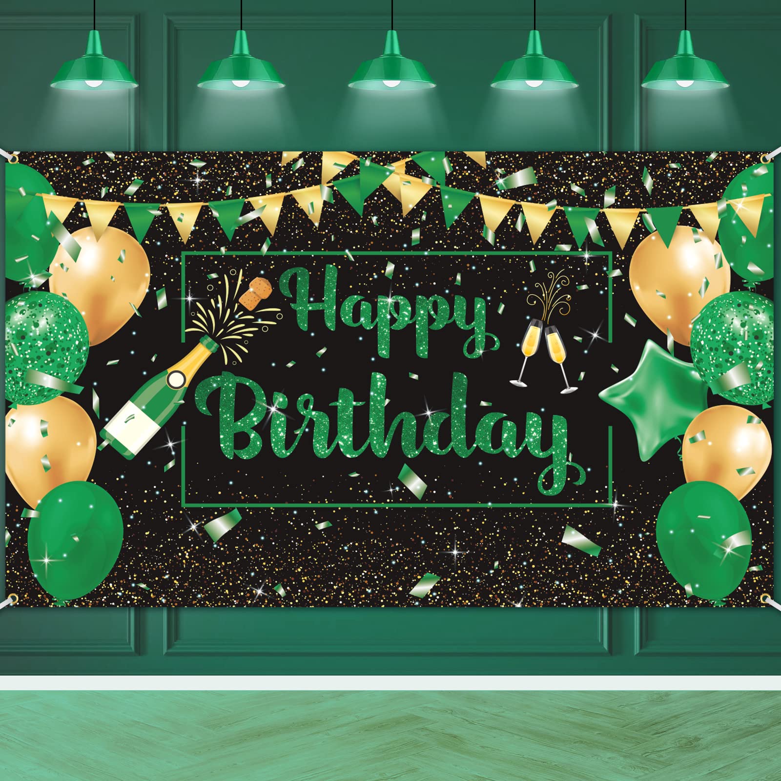 Green Black Gold Birthday Party Decoration Banner, Green Black Happy Birthday Backdrop Banner, Large Green Black Gold Birthday B