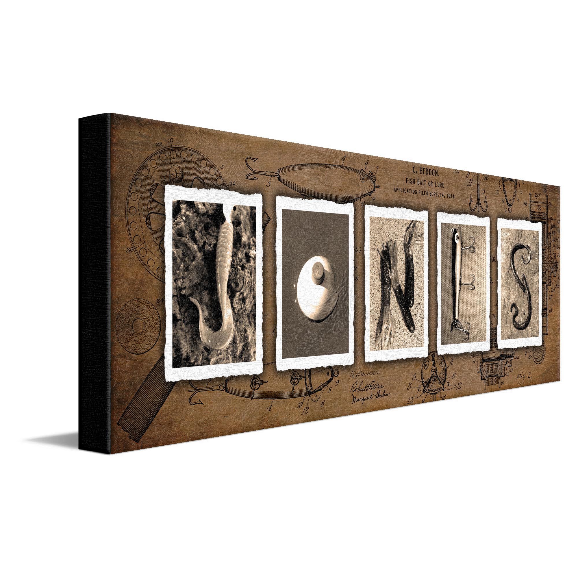 Personalized Fishing Name Alphabet Art - Perfect For The Man Cave, Office, Or Boy'S Room. (Vintage Block Mount - 9.5''X26'')