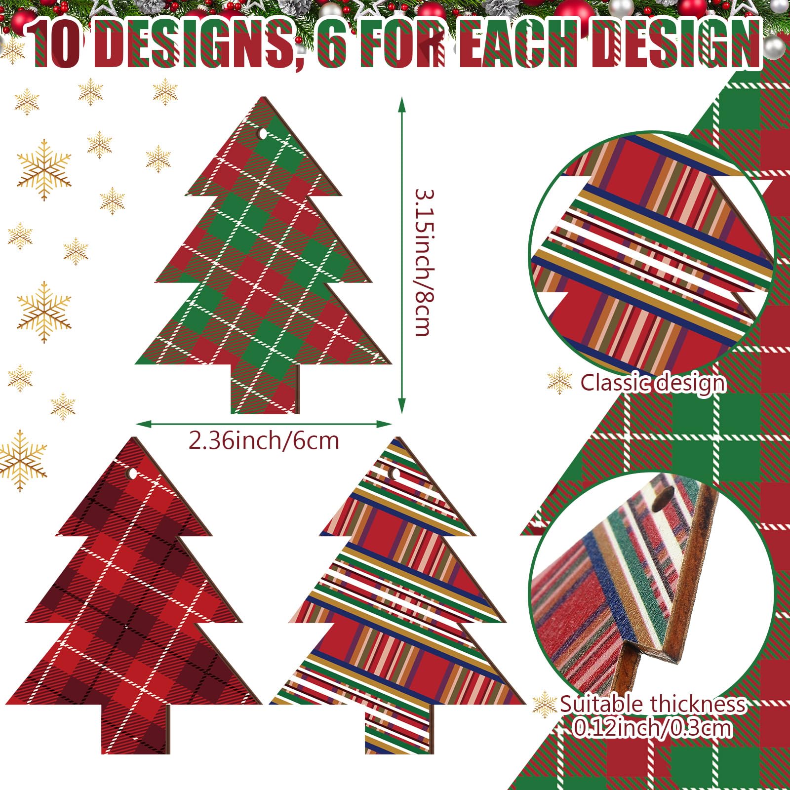 Blulu 60 Pcs Christmas Wooden Tag Labels Buffalo Plaid Christmas Tree Ornaments 3.15 Inch Rustic Xmas Wishes Holiday Tags Vintag