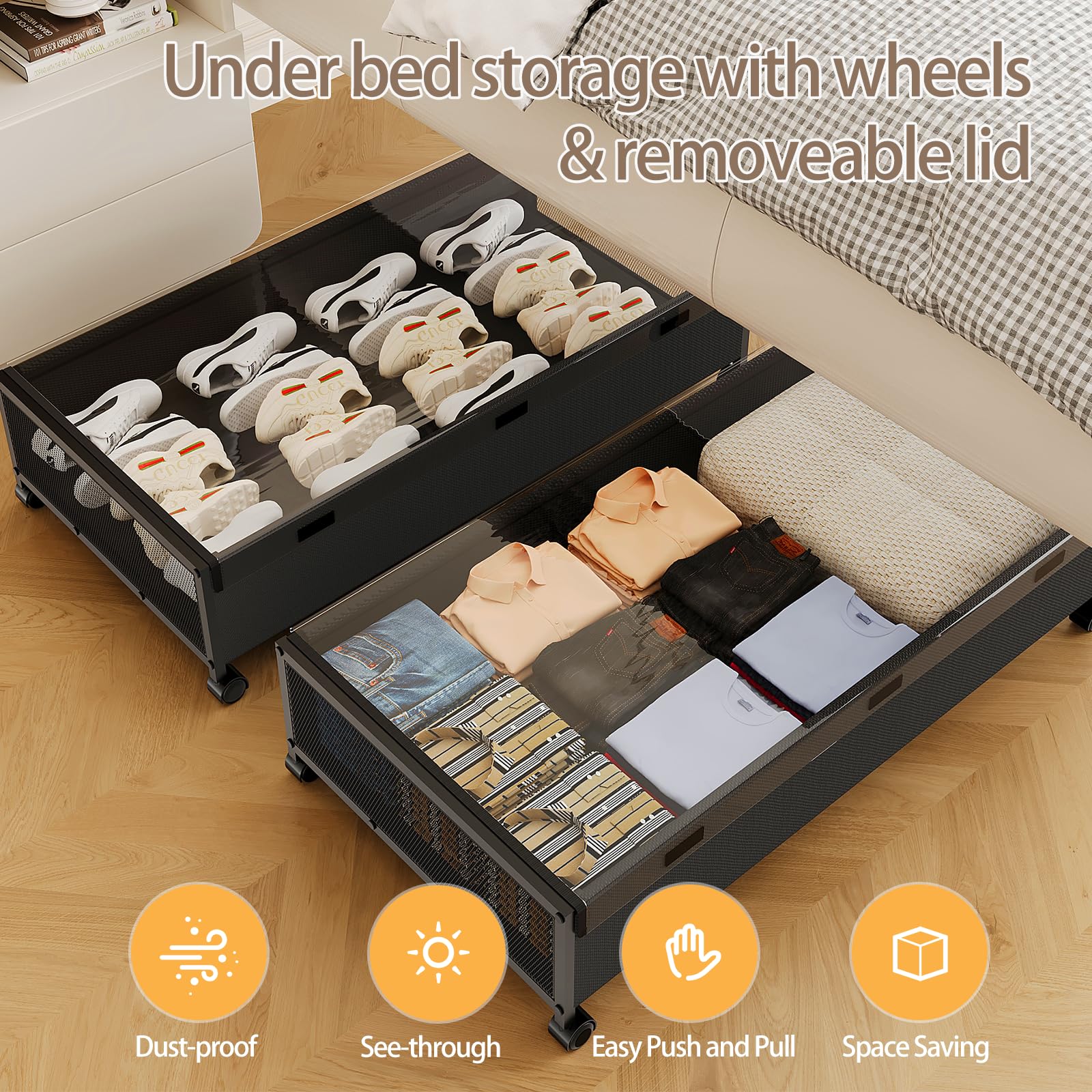 KITHELP Under Bed Storage Containers with Wheels, 2 Pack Underbed Shoe Storage Organizer with Removable Lids, Large Rolling Unde