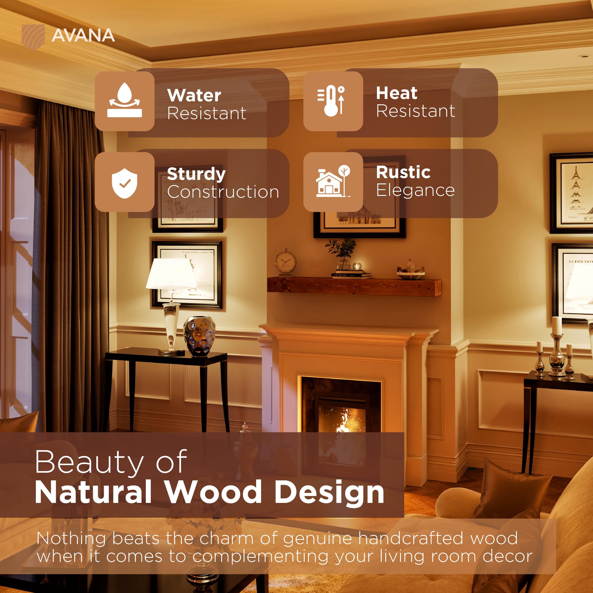 Avana Fireplace Mantle - Natural Fireplace Mantles Wood - Mounted Mantles For Over Fireplace - Handcrafted Fireplace Wood Mantel