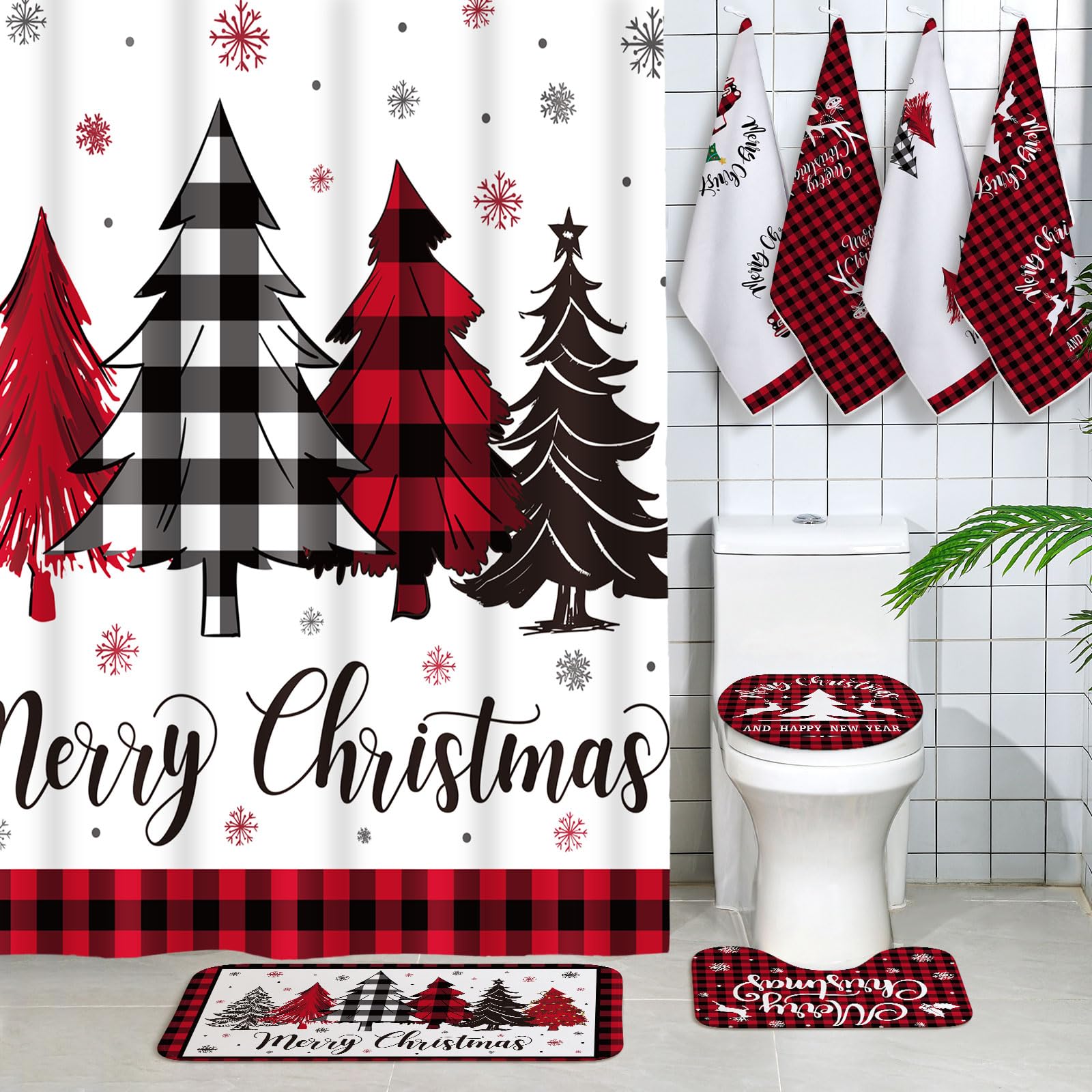 Honoson 8 Pcs Christmas Shower Curtain Set with Rugs and Kitchen Towels Buffalo Plaid Christmas Tree Bathroom Decor Merry Christ