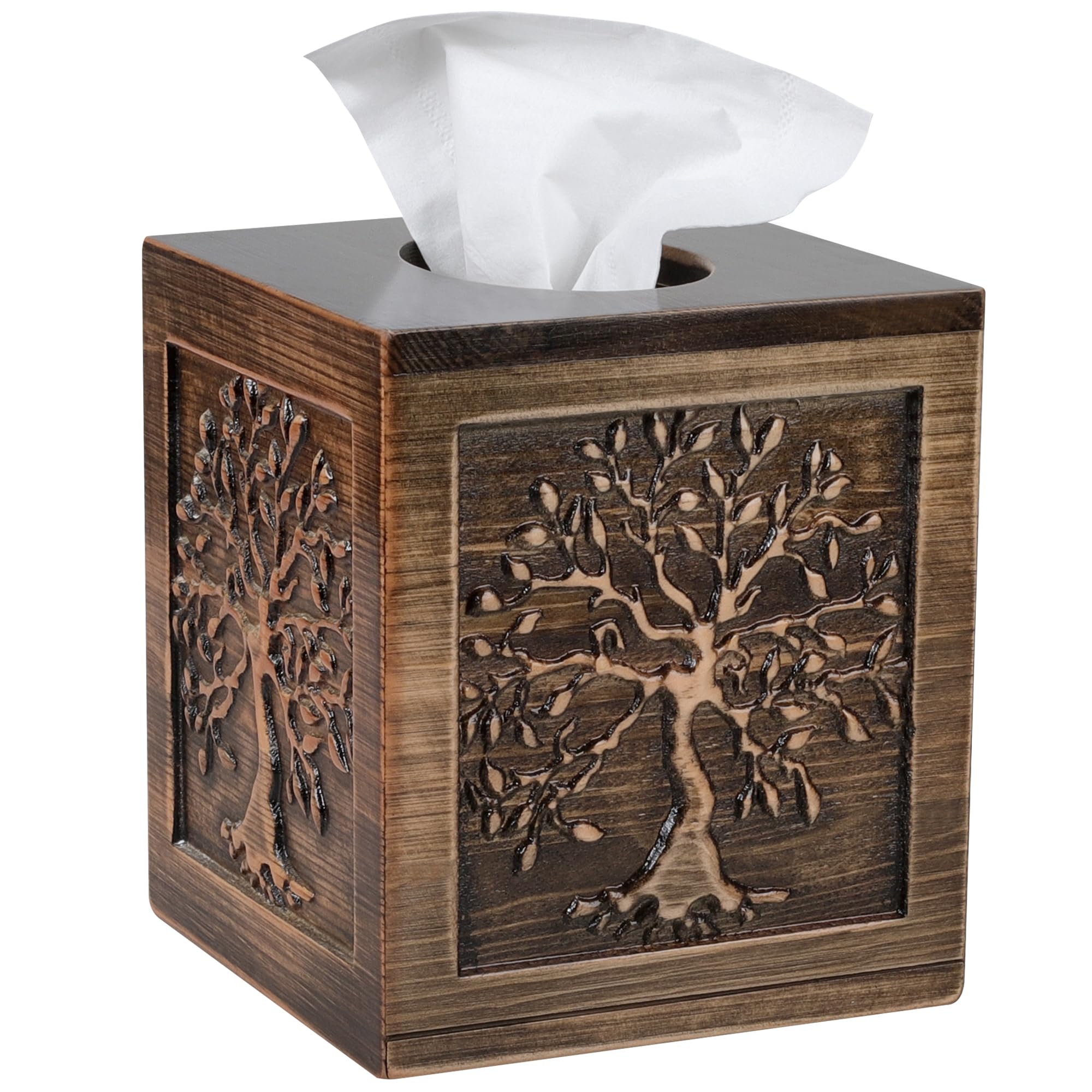 Ukwell Wood Carved Tissue Box Cover Square Brown Tissue Holder Lacquered Tree Of Life Design Rustic Vintage Home Decor For Bathr
