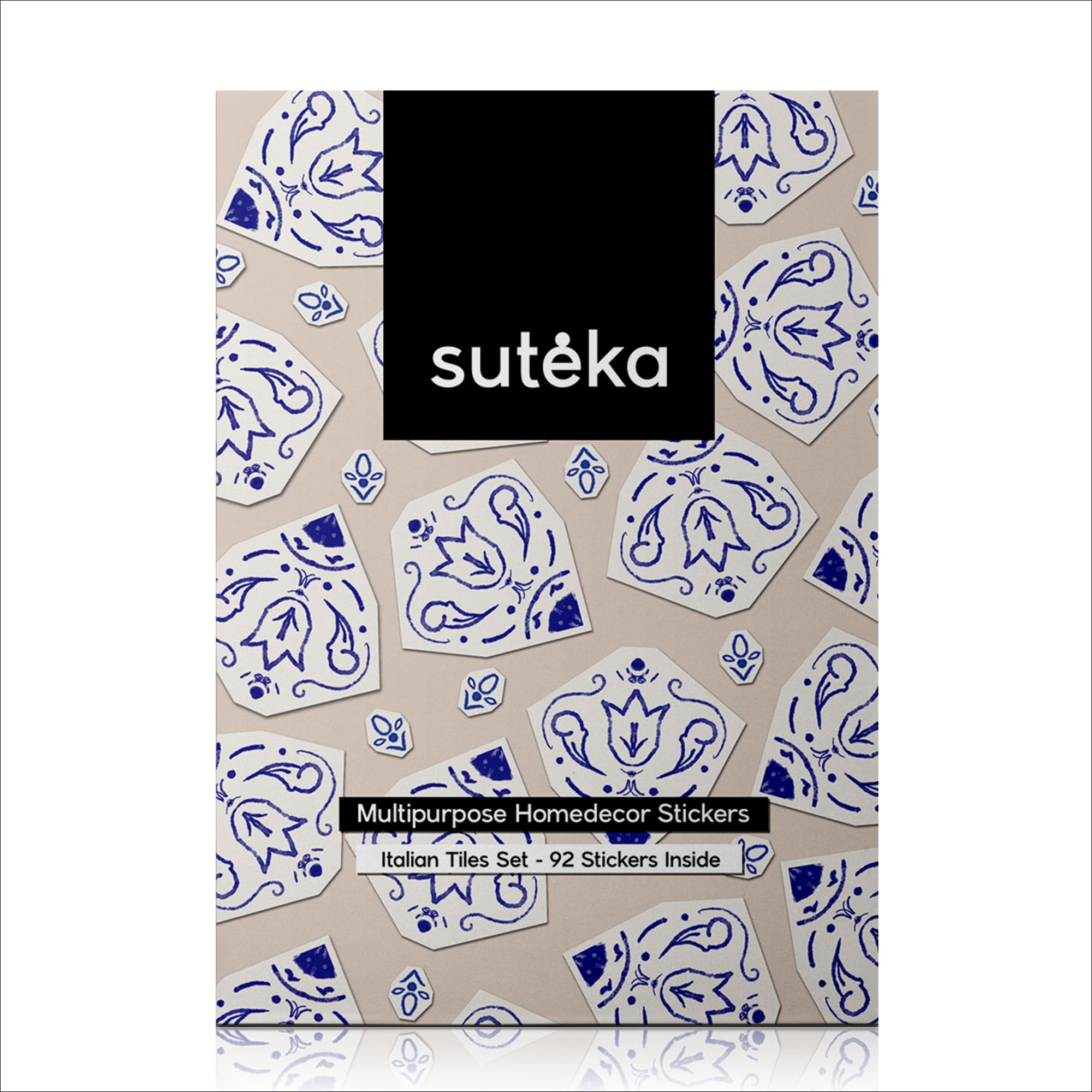 Suteka Blue Italian Tile Vinyl Decal Set, 58 Piece Semi Permanent Home Decor Tattoo for Smooth Surfaces, Heat Activated Design f