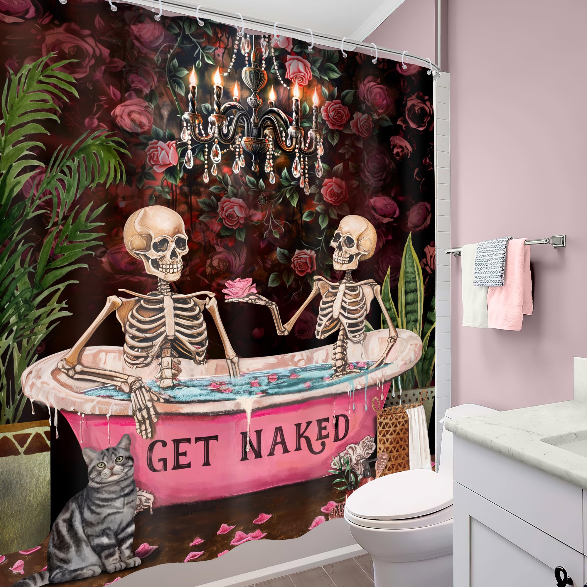 Mitpok Gothic Skull Skeleton Shower Curtain 72Wx72H Vintage Spooky Funny Black Rose Bone In Bathtub Retro Floral Flower Plant Ba