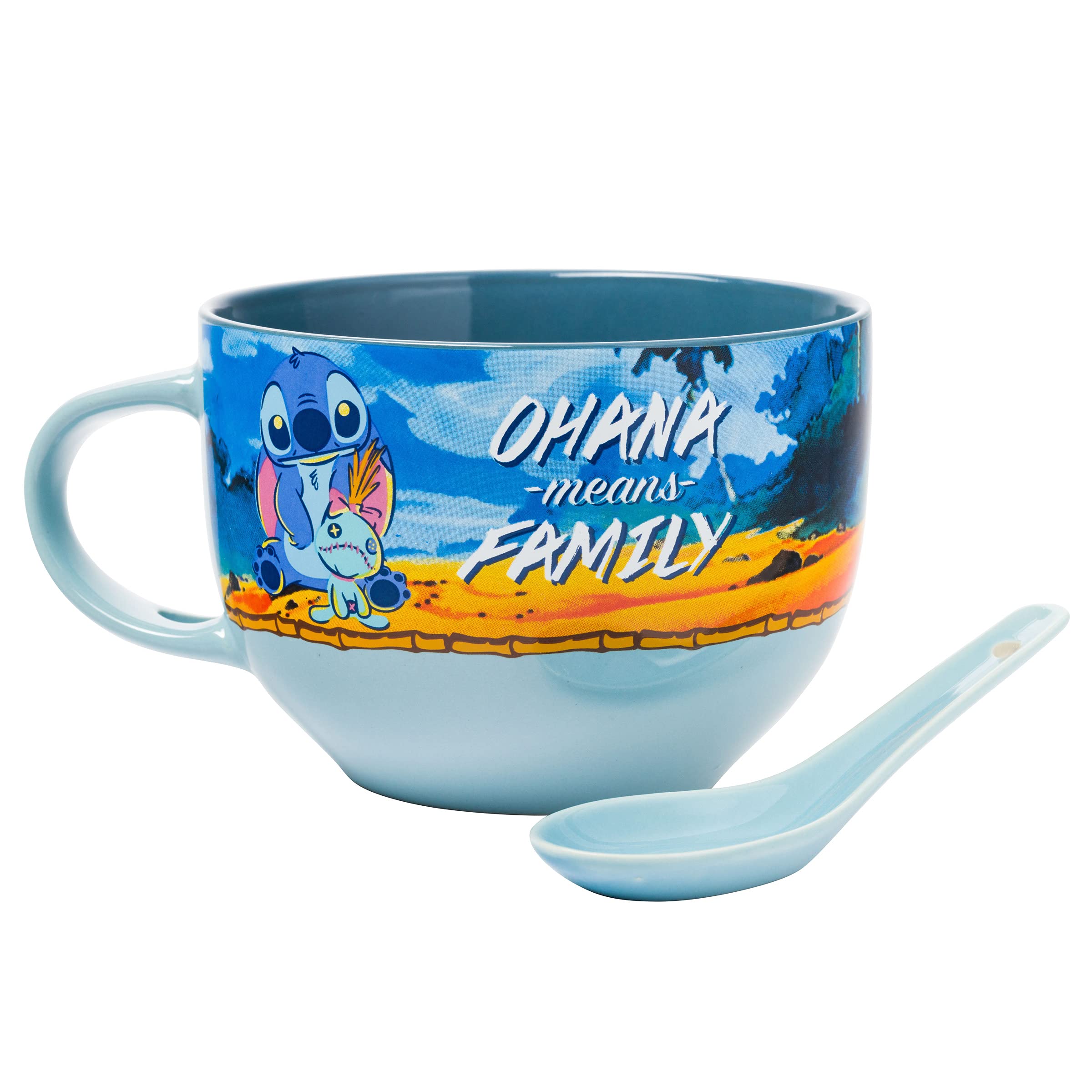 Silver Buffalo Stitch And Scrump Ohana Means Family Boxed Ceramic Soup Mug Spoon Set, 24 Ounces