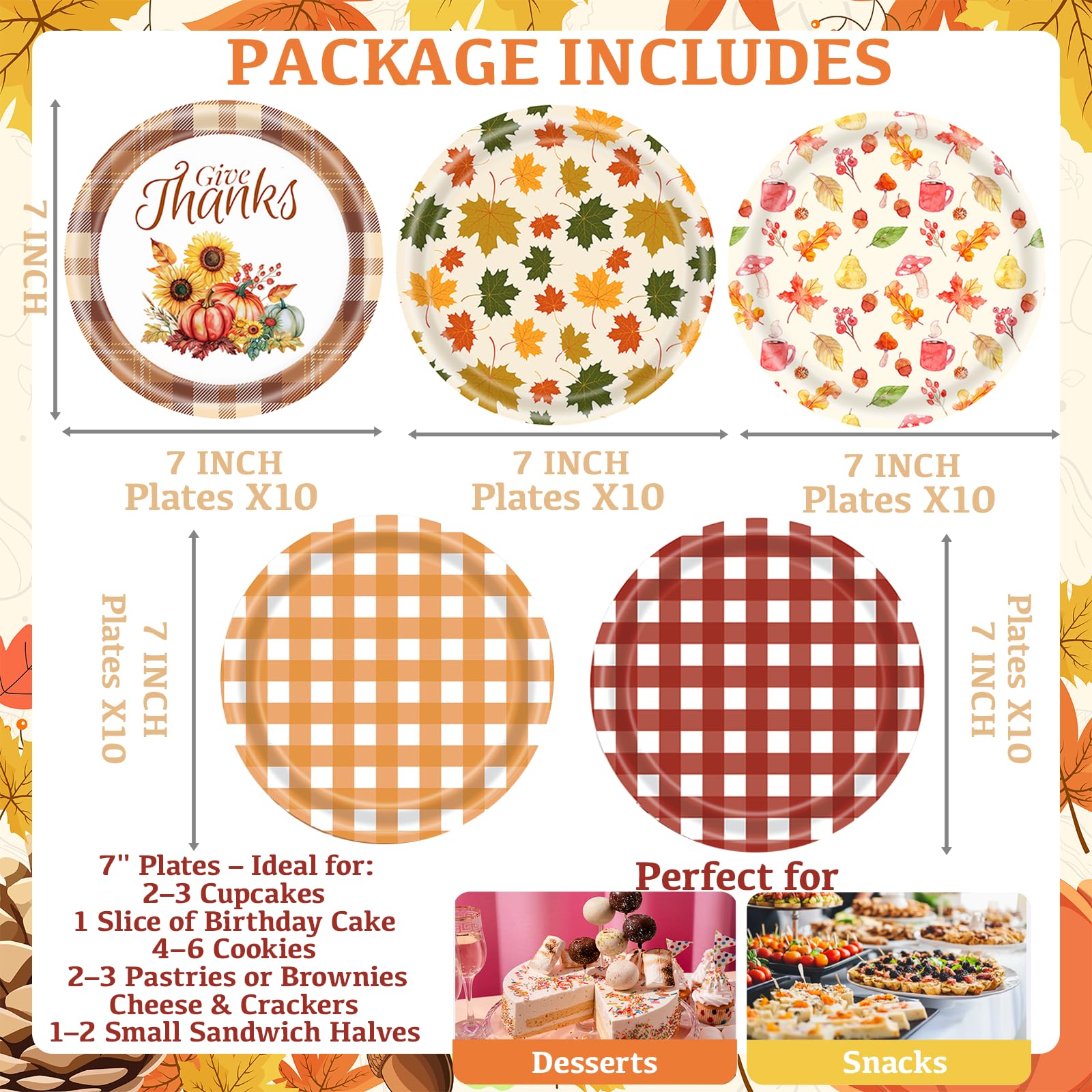 WRXVVTSV 50PCS Fall Paper Plates 7 Inch - Disposable Dessert Plates with 5 Autumn Designs, Thanksgiving & Friendsgiving Party Su