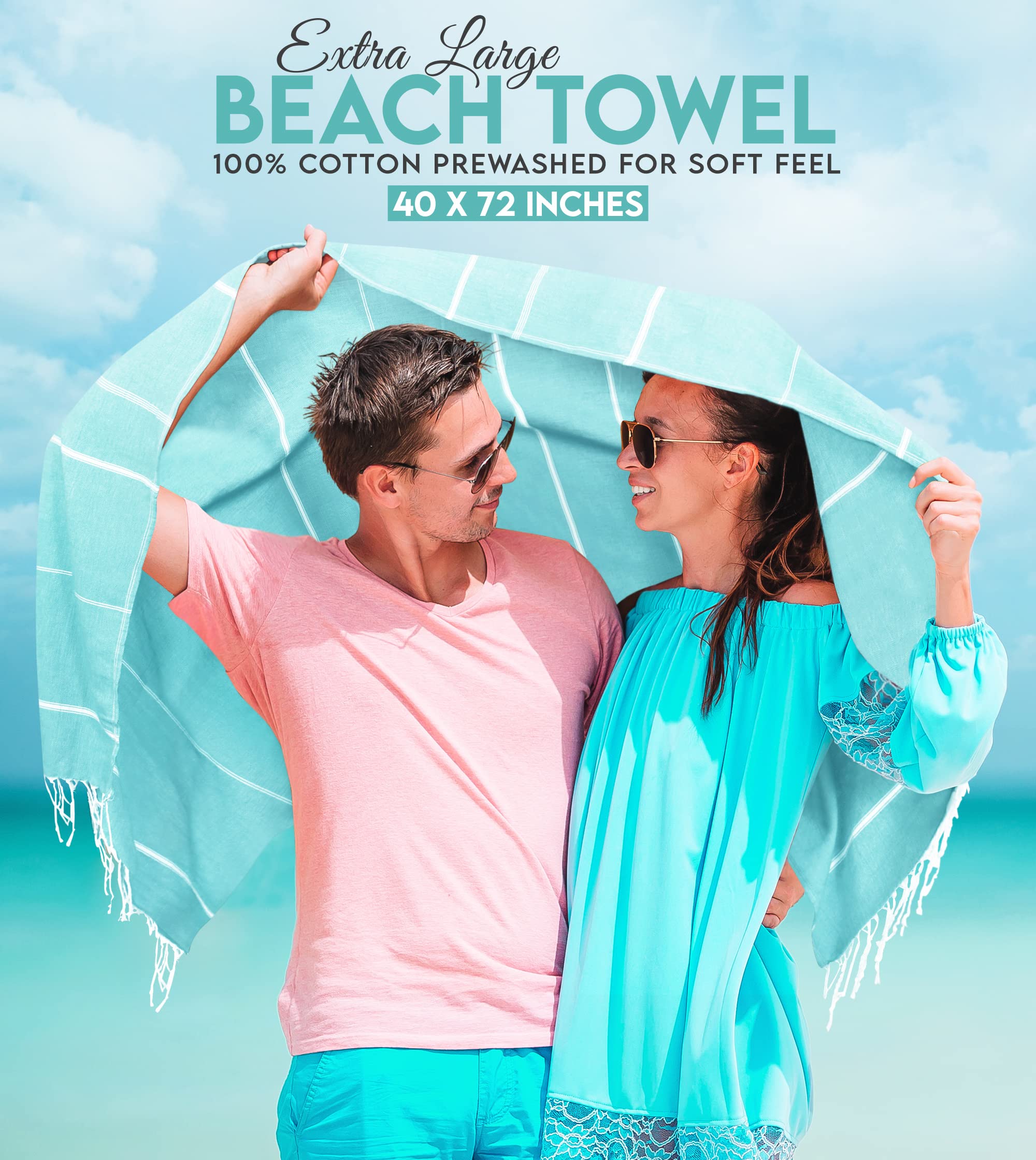 Utopia Towels Pack of 2 Turkish Beach Towel (40x72 Inches)  Oversized 100% Cotton Sand Free Lightweight Absorbent Quick-Dry Beach Blanket  Extra Large Turkish Bath Towels for Travel and Pool (Aqua)