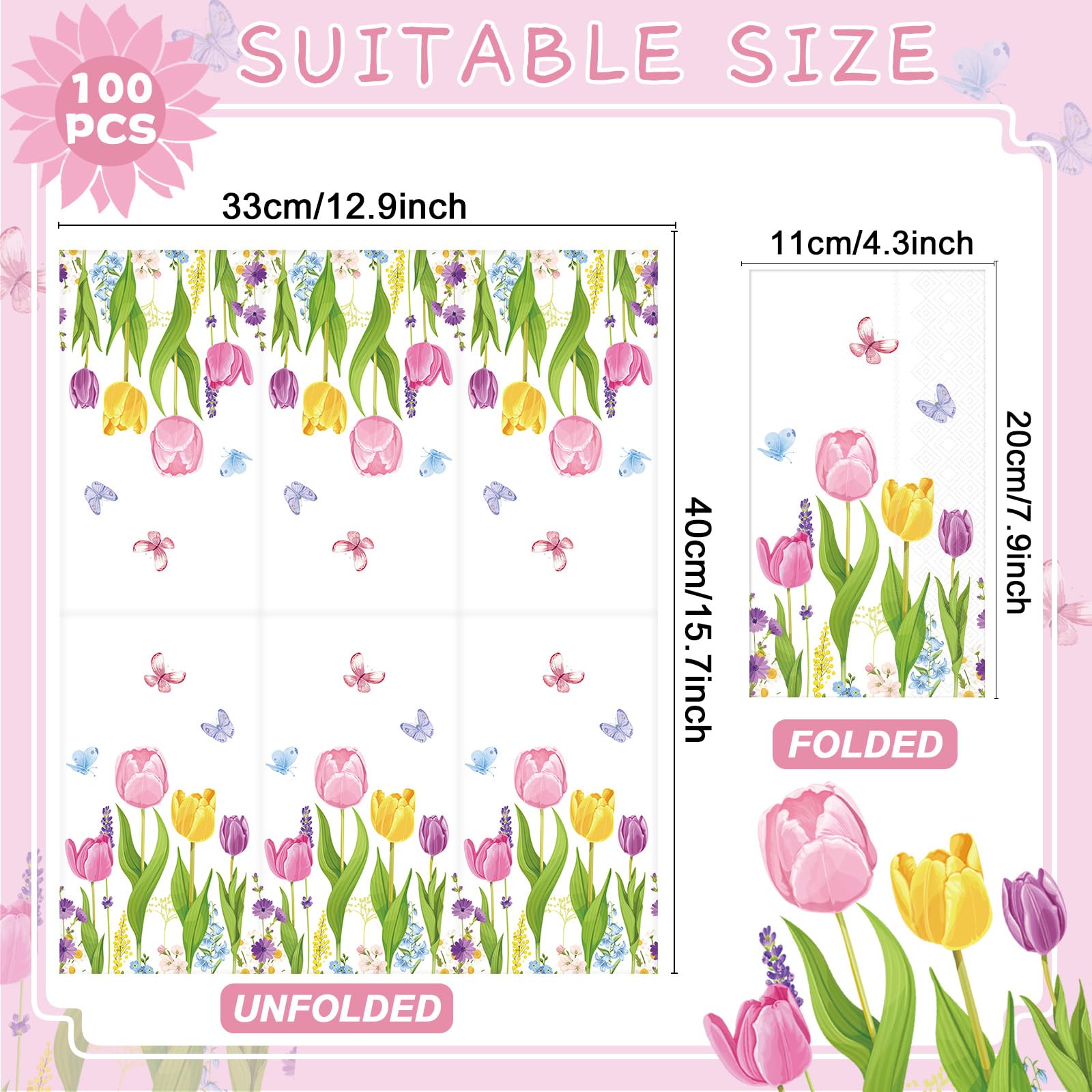 Gisgfim 100 Pcs Tulip Floral Guest Napkins Spring Flowers Disposable Napkins Tulip Dinner Hand Napkins Tulip Flowers Guest Towel
