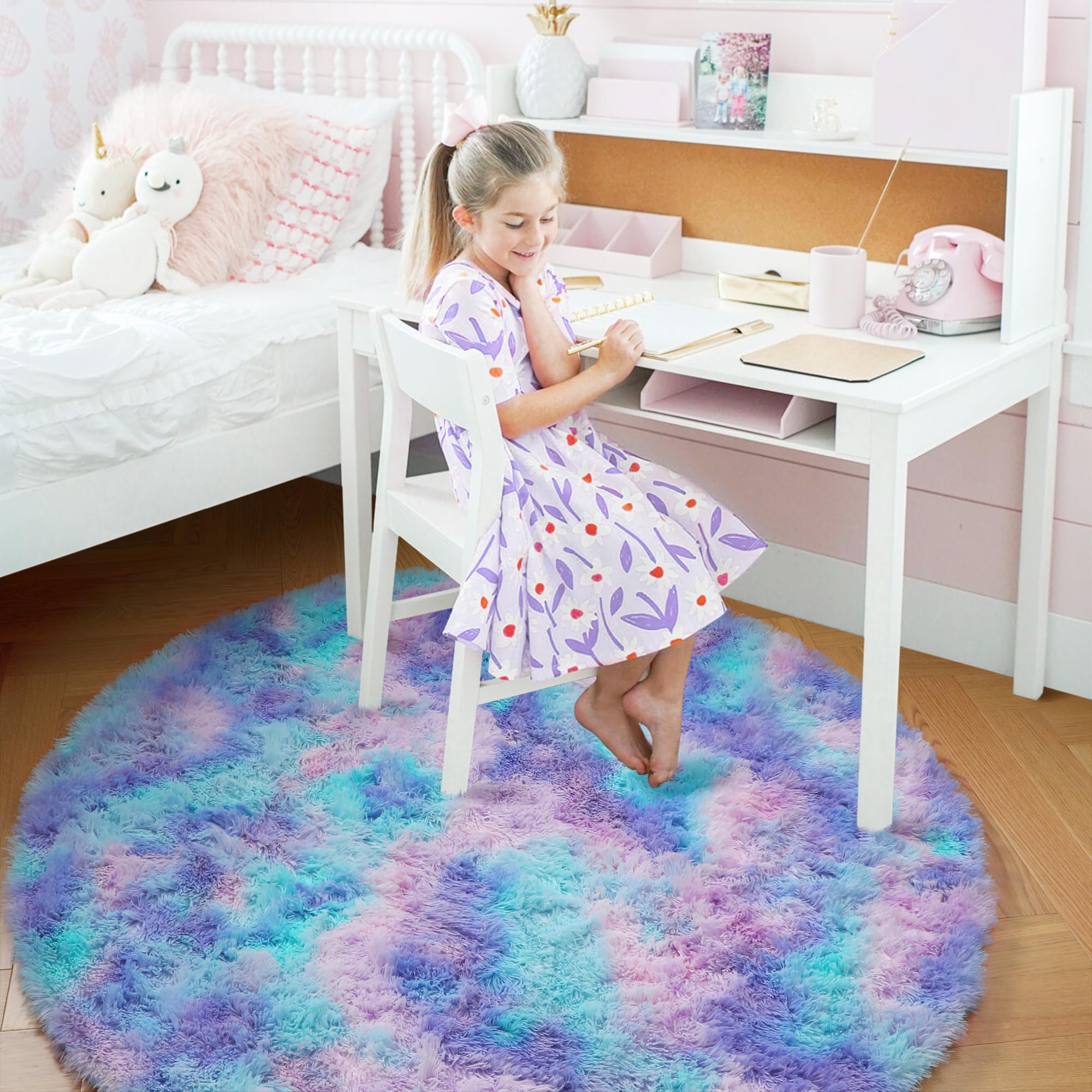 Amdrebio Purple Rainbow Round Area Rug 7Ft for Girls Bedroom Living Room Decor, Mermaid Stitch Frozen Kids Rugs for Playroom Nur
