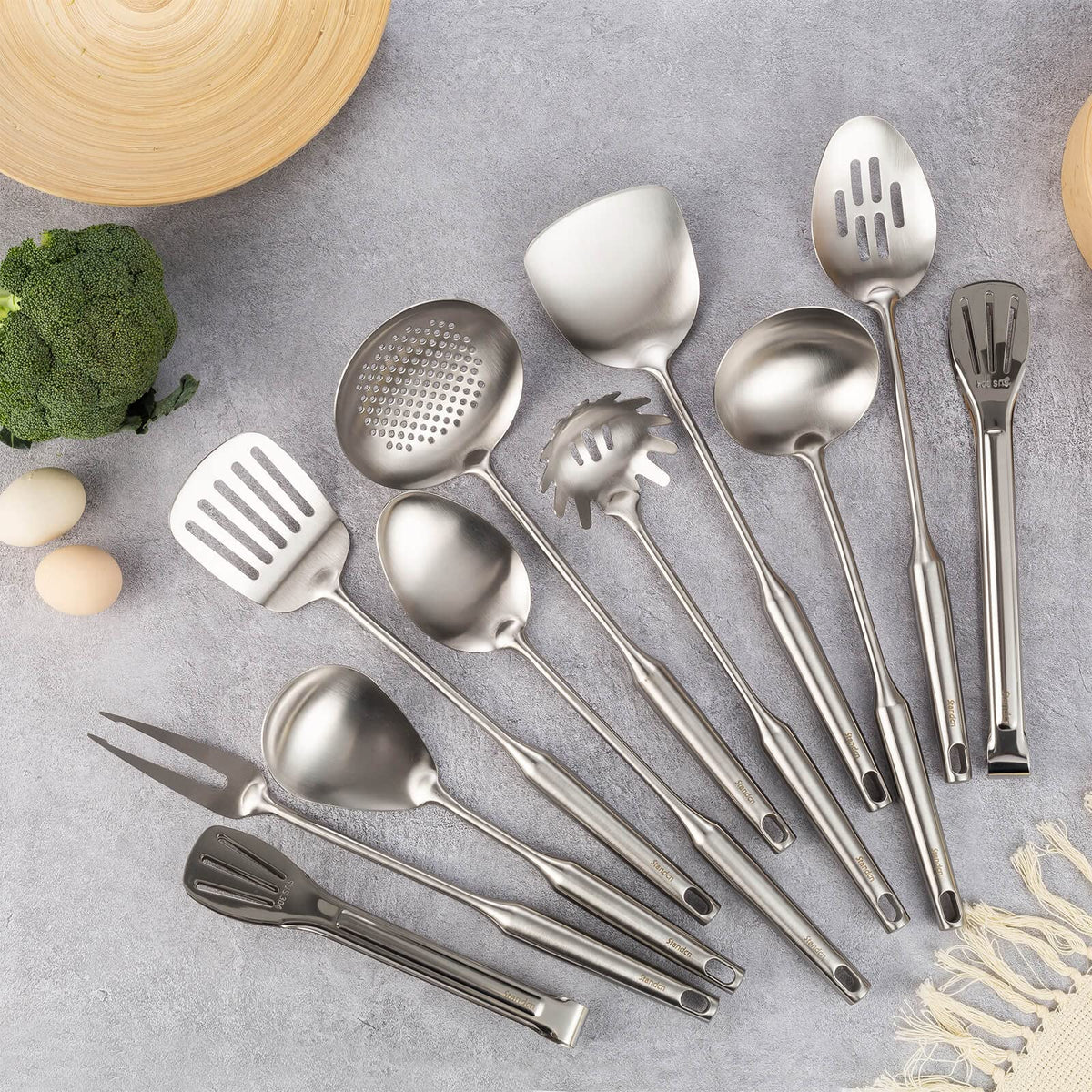 304 Stainless Steel Kitchen Utensils Set, 11 Pcs All Metal Cooking Spo ...