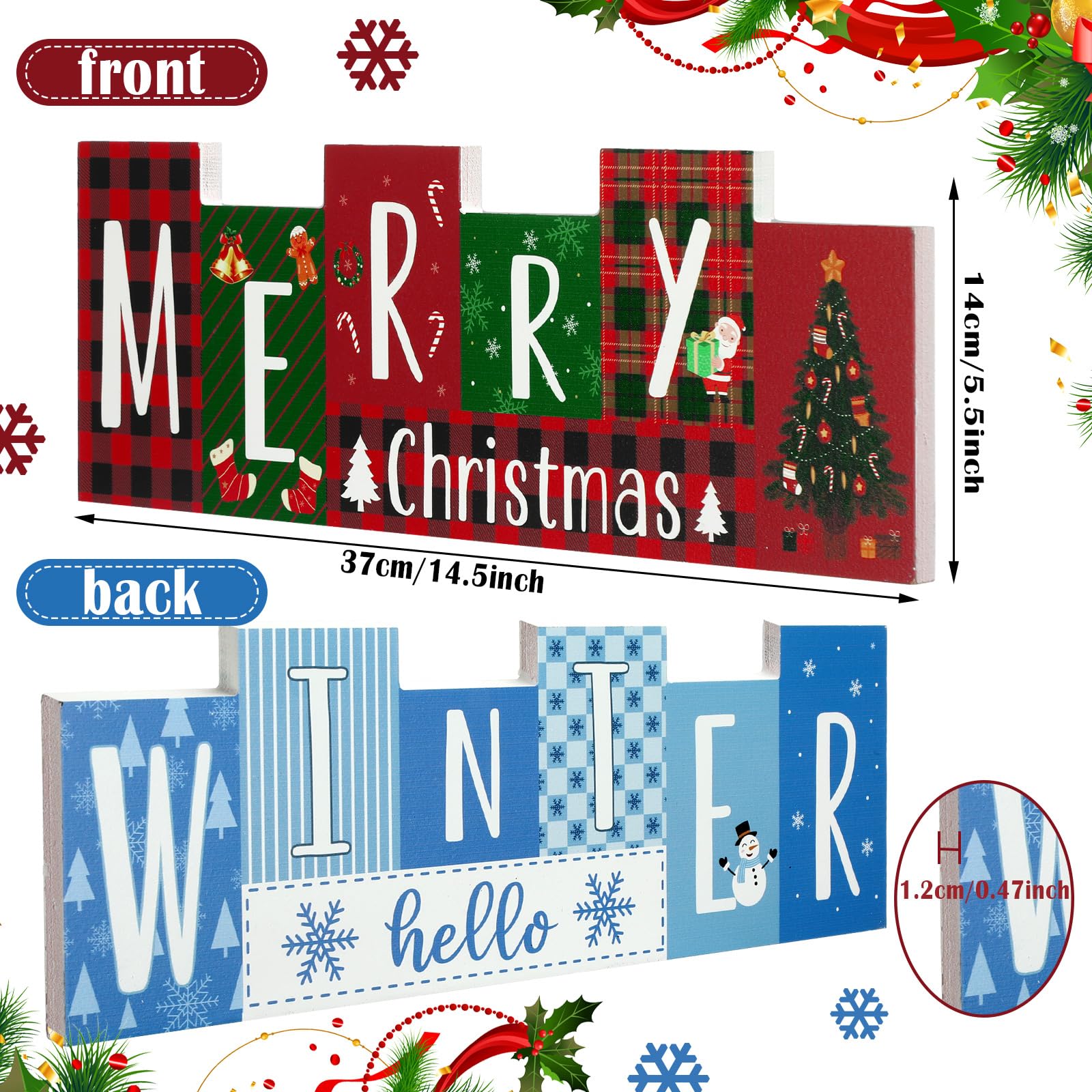 Purpeak Reversible Christmas Wooden Table Sign Double Side Table Centerpieces Xmas Tabletop Sign Merry Christmas Hello Winter Wo