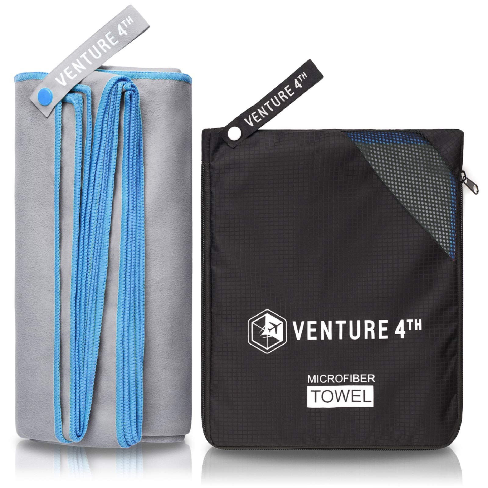 VENTURE 4TH Quick Dry Microfiber Towel - Odor Resistant  High Performance Towels for Gym  Camping  Travel  Yoga and Beach (Gray-Blue Large) - Includes Tear Resistant Bag