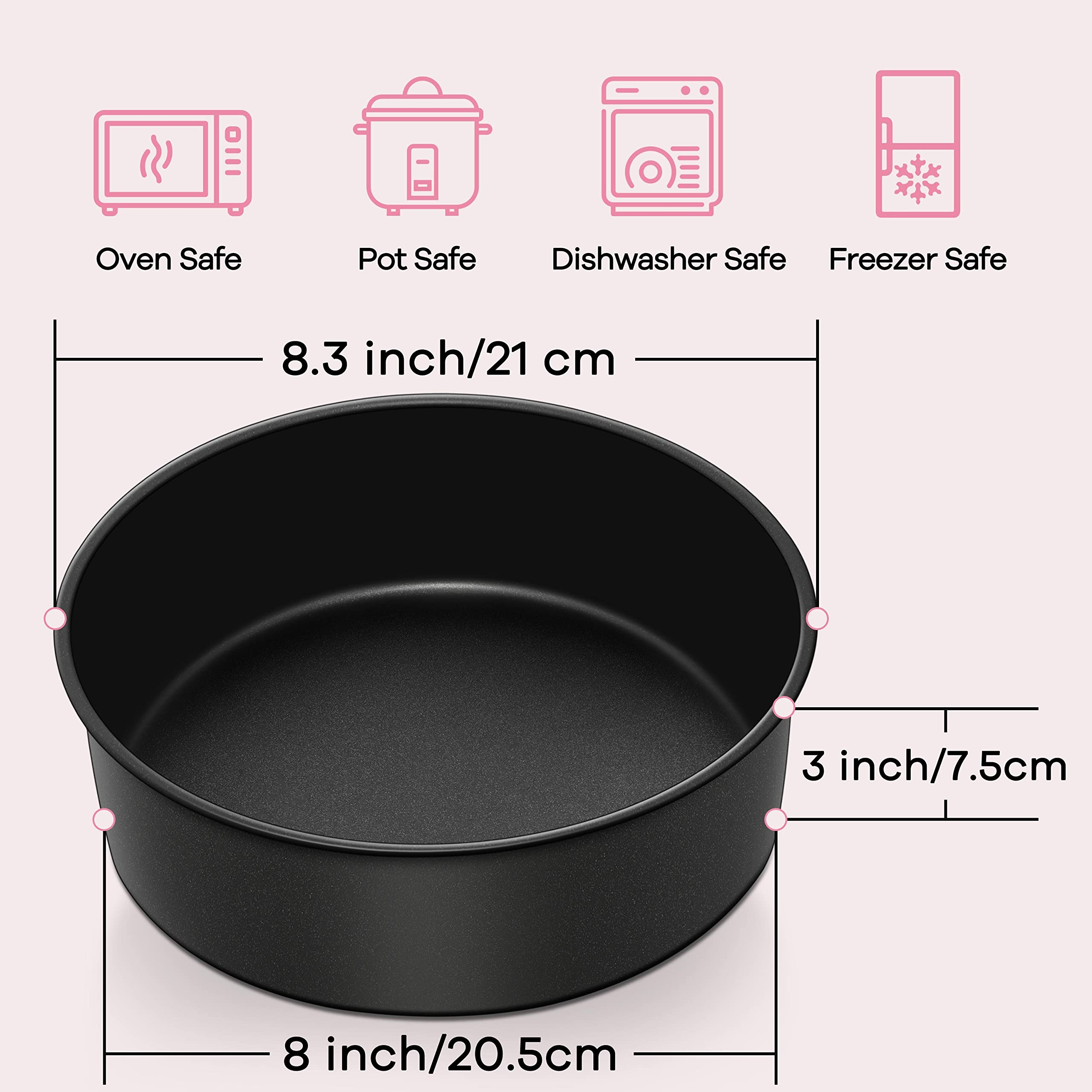 Herogo 8 Inch Cake Pan Set Of 2, Stainless Steel Black Nonstick 3'' Deep Round Baking Pan, Birthday Wedding Layer Cake Pan, Non