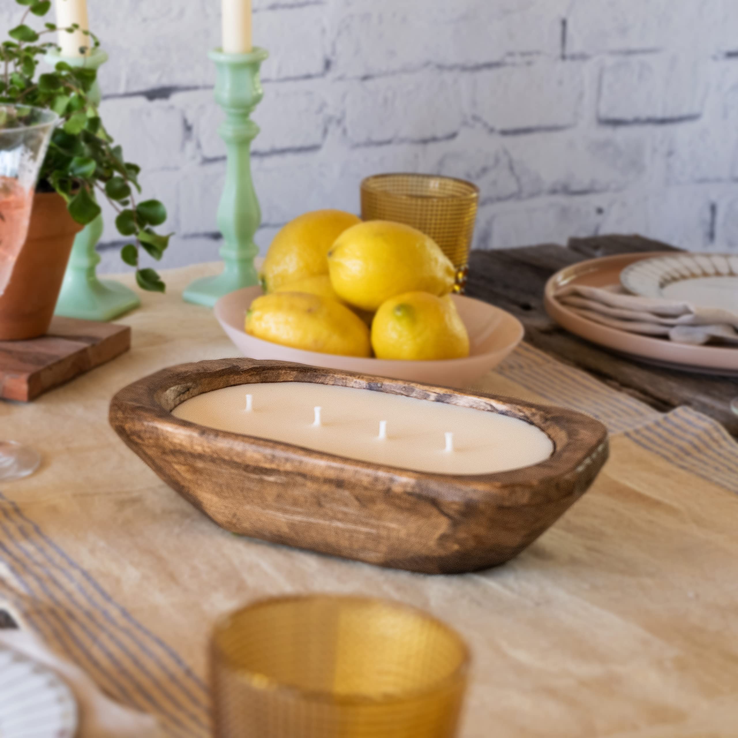 Wooden Dough Bowl Candle 10 Inch  Wooden Dough Bowl Soy Candle  Farmhouse Dough Bowl Candles for Table  Wood Bowl Candle Boat 4 Wick  Wooden Candle Bowl Decor