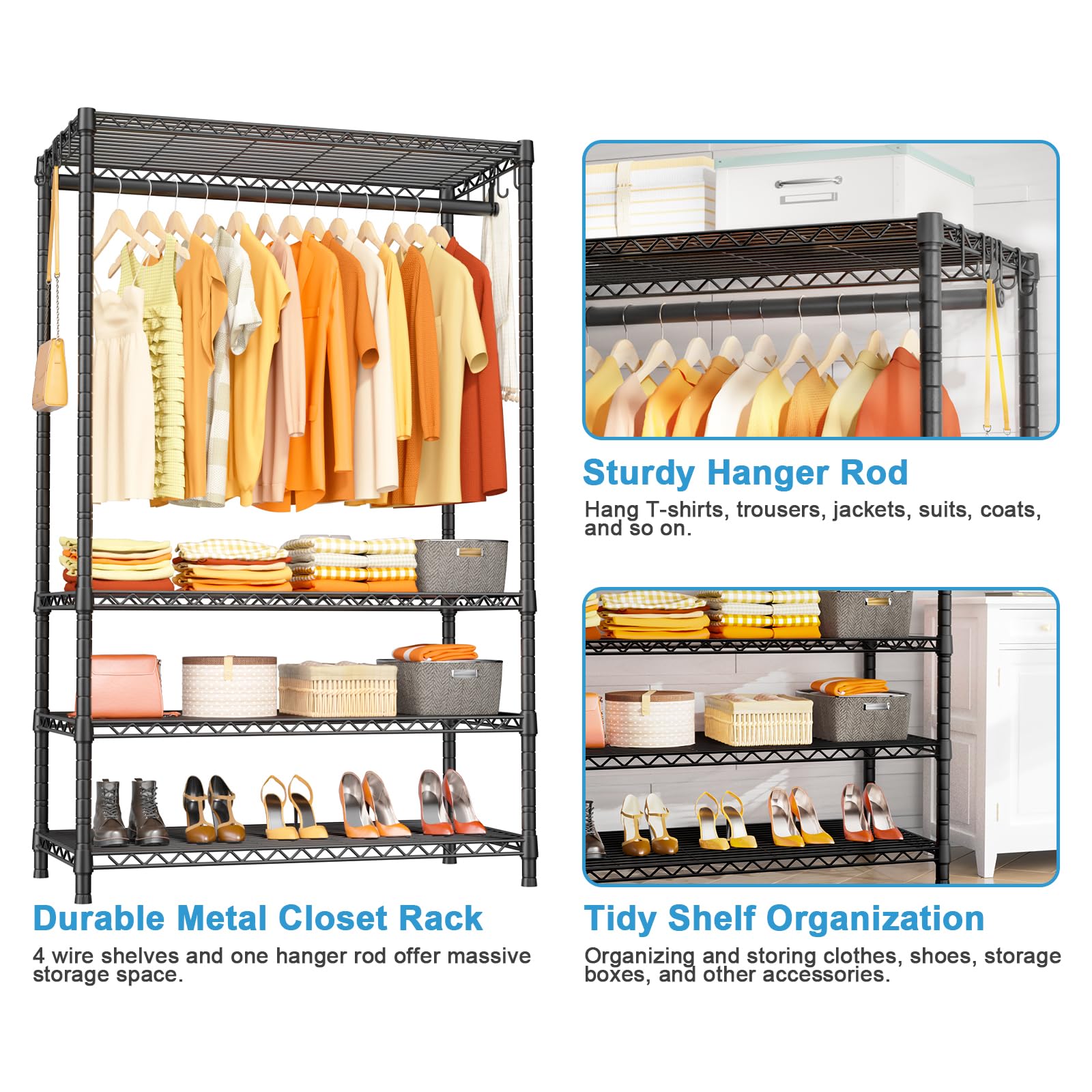 Ulif H4 Plus Portable Closets, 4-Tier Clothes Garment Rack For Bedroom And Cloakroom, Metal Clothing Storage And Organizer Wardr