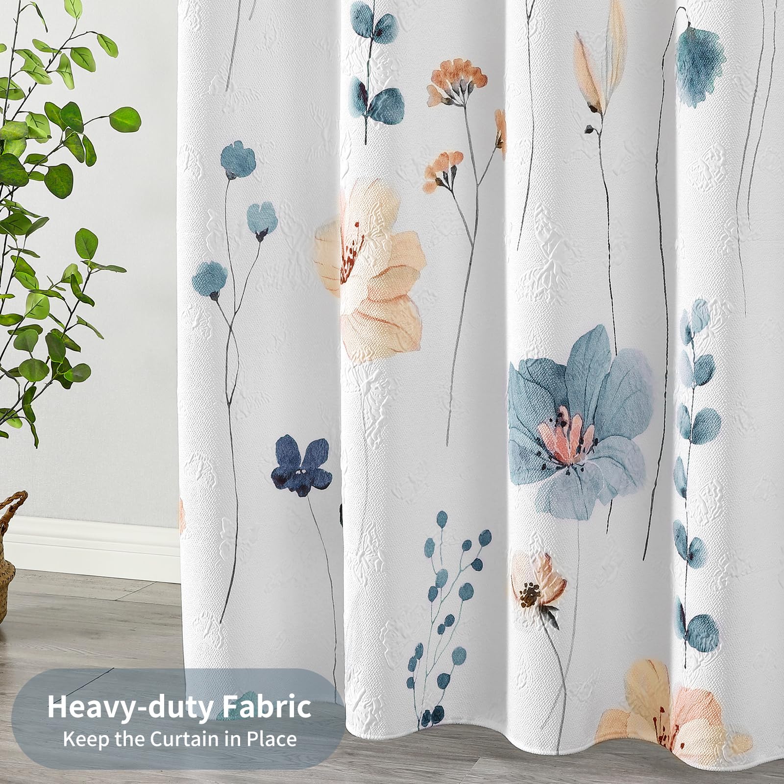 Qiyi Watercolor Floral Shower Curtain, 3D Embossed Butterflies Blue Beige Flower Bathroom Curtain, Minimalist White Cloth Bath C