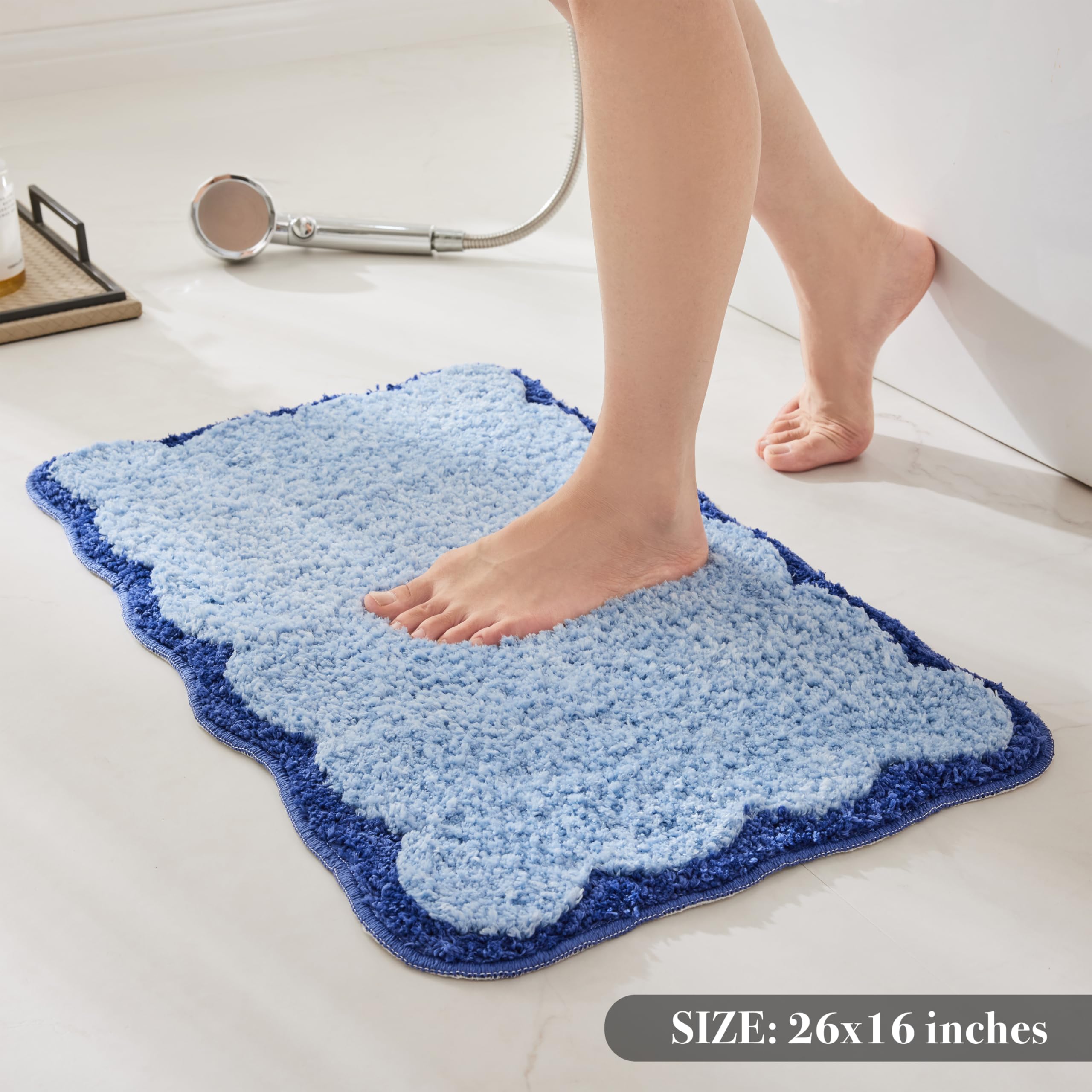 Ohocut Luxury Microfiber Bathroom Rugs, Navy Scalloped Piping Blue Bath Rug Cute Aesthetic Coastal Nautical Bath Mat For Bathroo