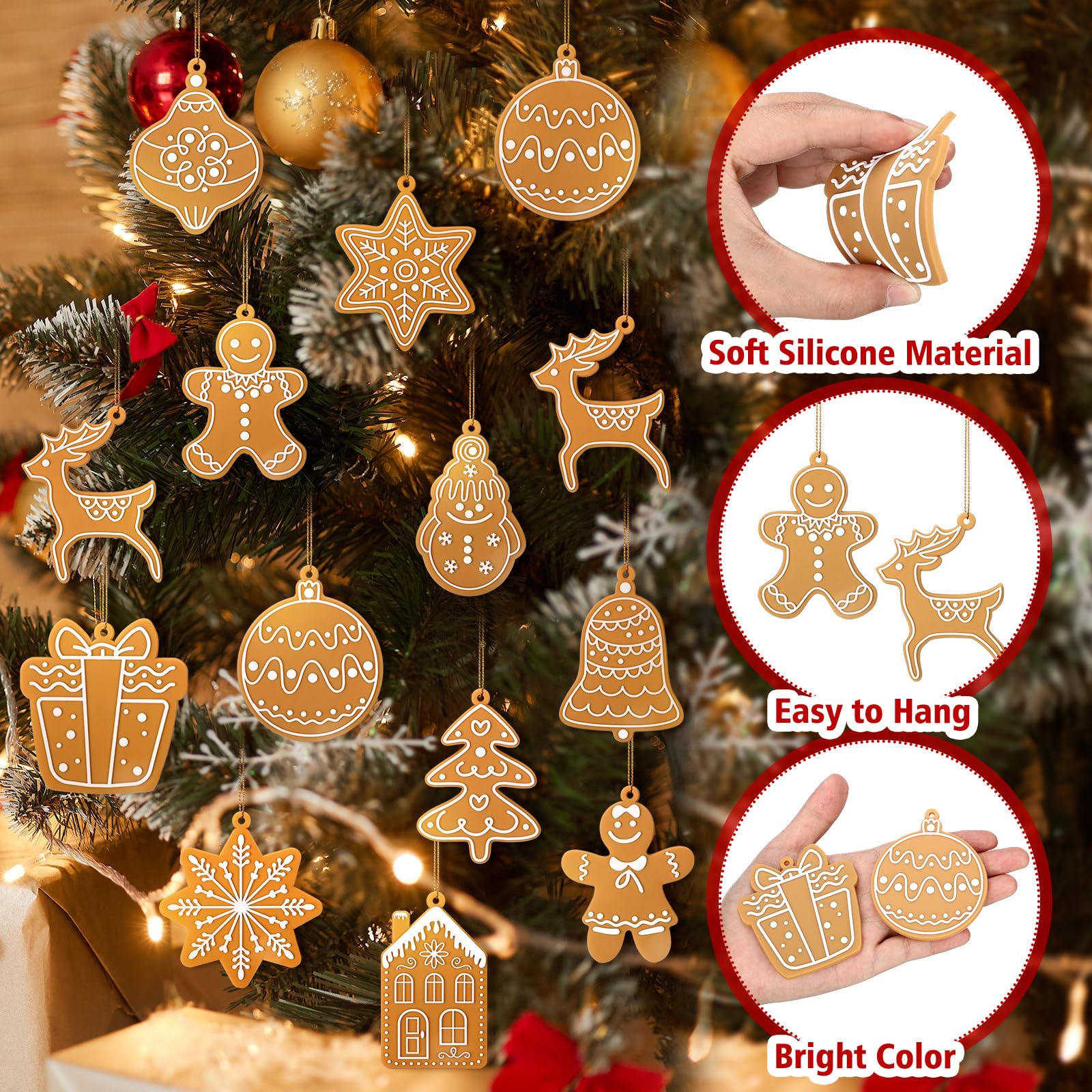 Yookeer 36 Pcs Christmas Tree Ornaments Gingerbread Theme Christmas Hanging Decorations Silicone Winter Hanging Decorations Larg