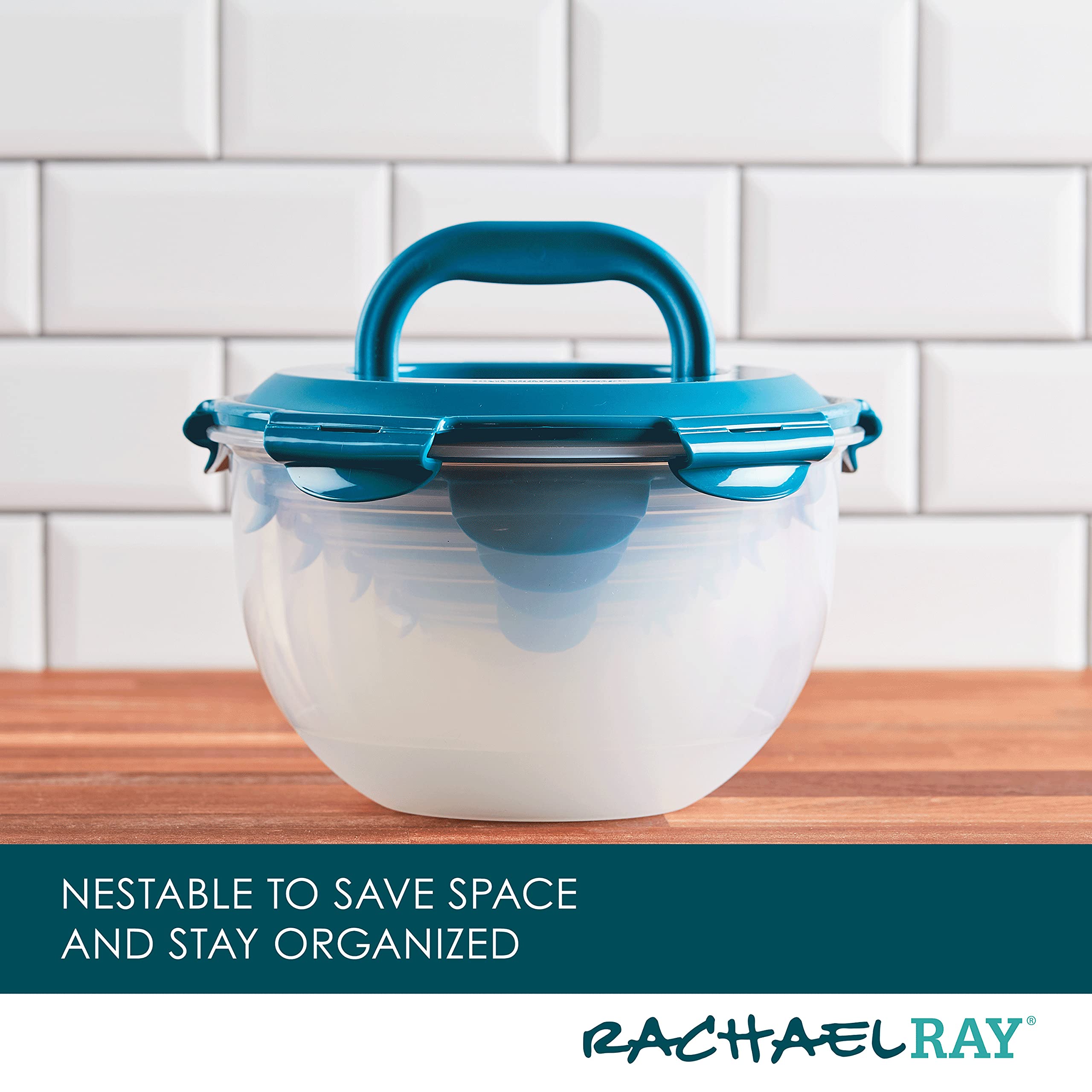 Rachael Ray Leak-Proof Nestable Container Food Storage Bin Set, 10-Piece, Clear With Teal Lids