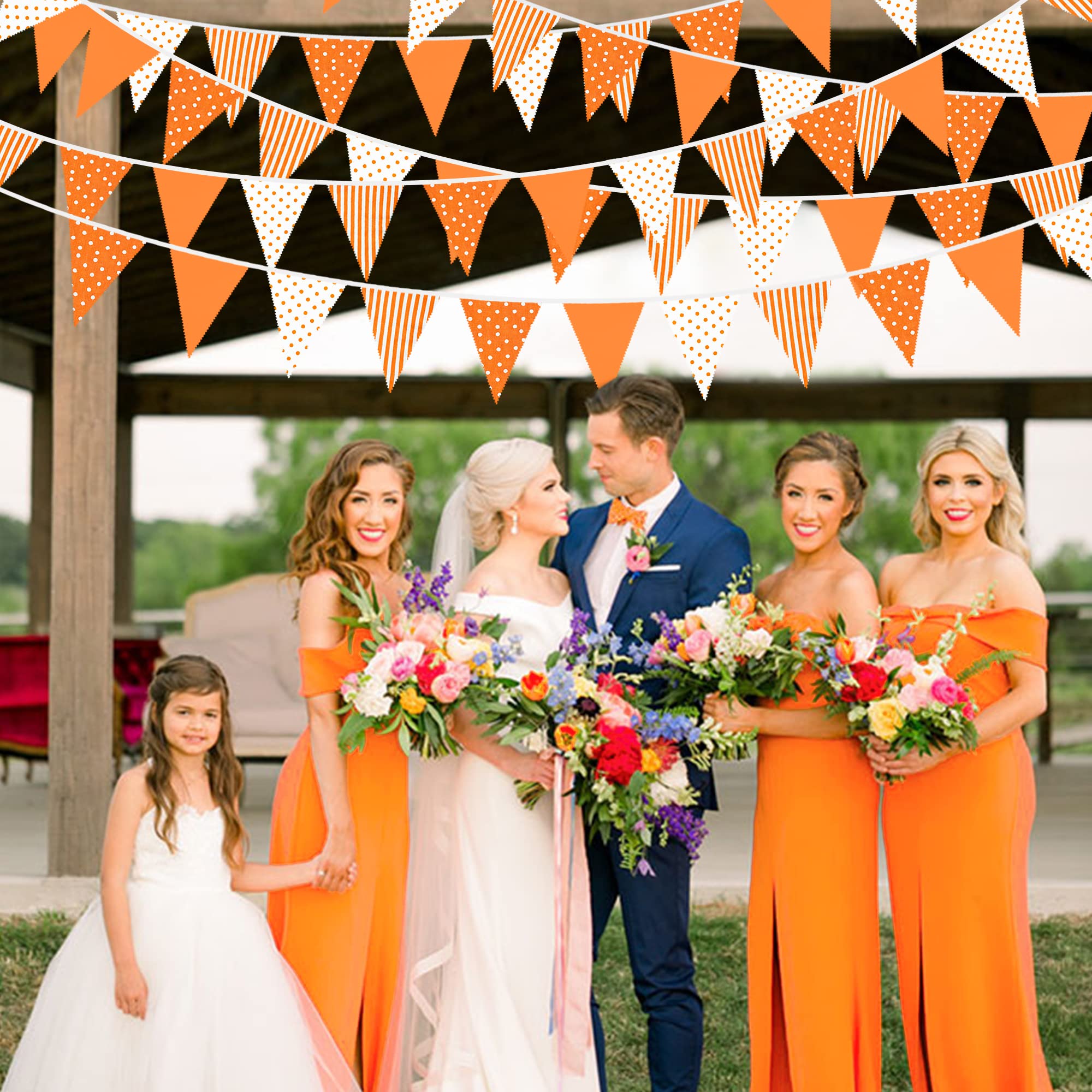 32Ft Orange Stripe Dot Triangle Flag Fabric Banner Cotton Pennant Garland Bunting Streamer For Fall Decor Autumn Wedding Birthda