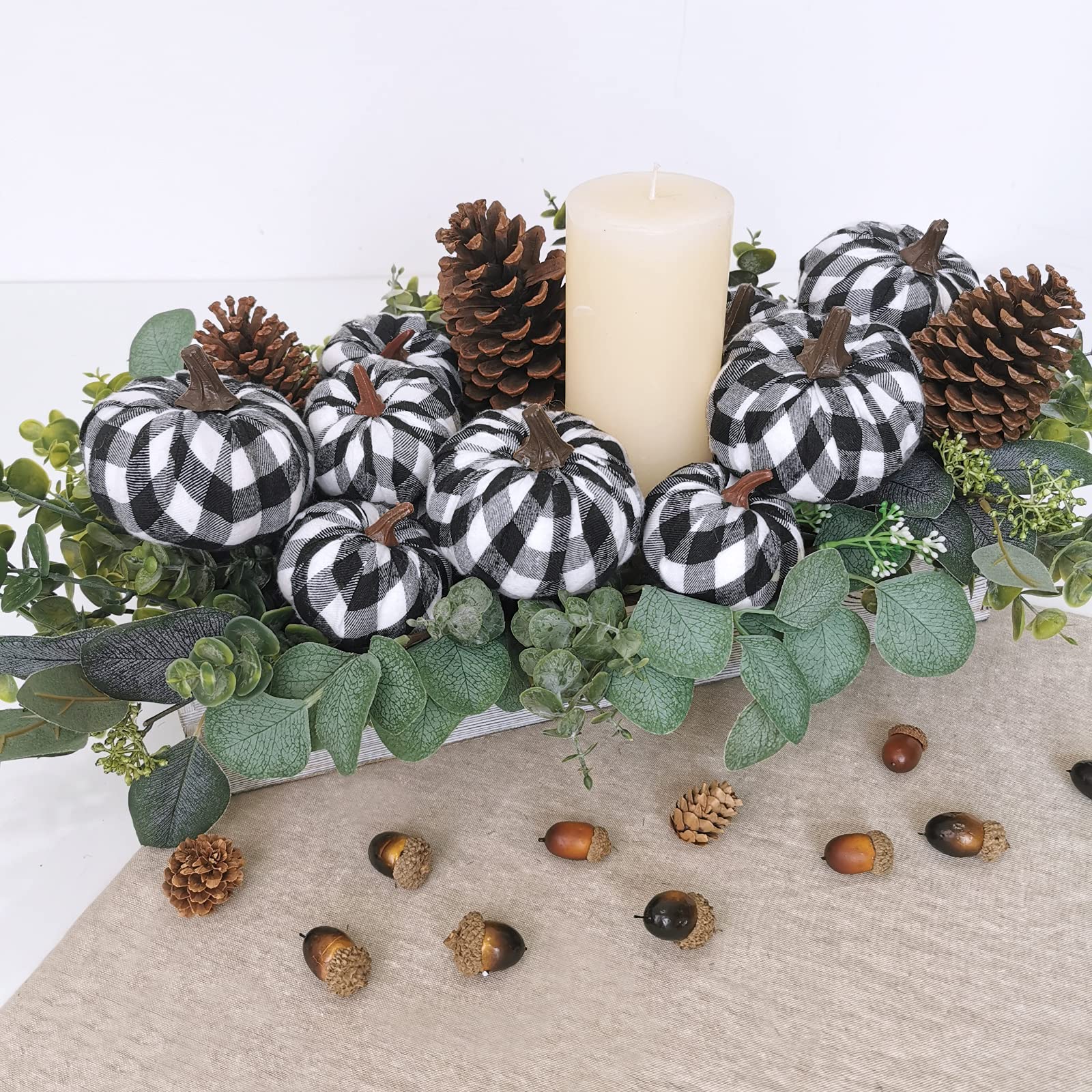 Set of 12 Small Faux Harvest Decorative Fabric Pumpkins Foam Pumpkins in Black & White Buffalo Check for Farmhouse Rustic Fall T
