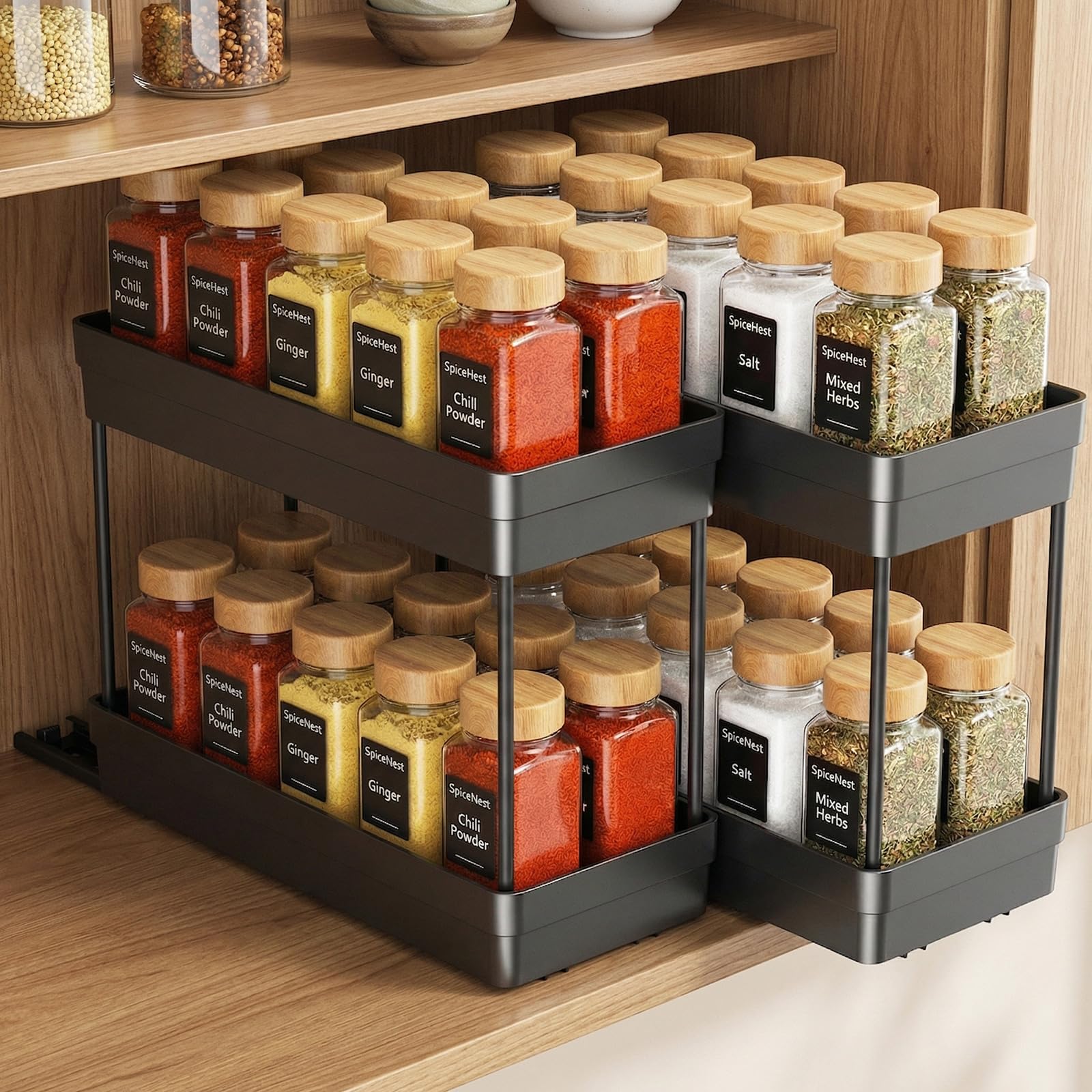 SpiceNest Pull Out Spice Rack,2 Pack 2Tier Cabinet Organizer, Black