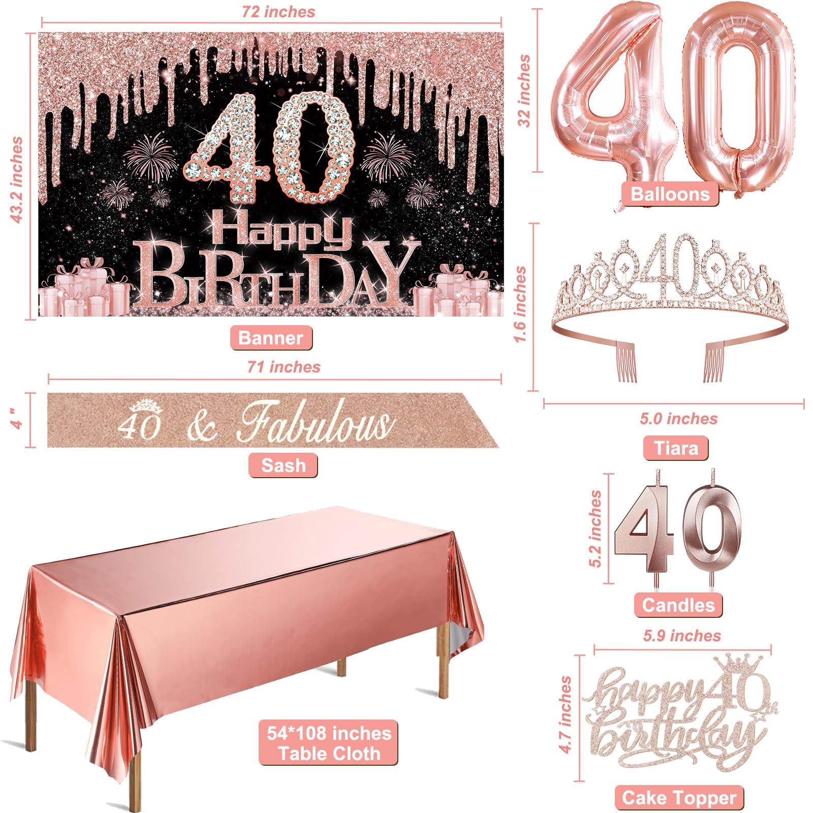 40Th Birthday Decorations For Women With Banner, Rose Gold Tablecloth, Number Balloons, 40Th Birthday Sash And Tiara, Cake Toppe