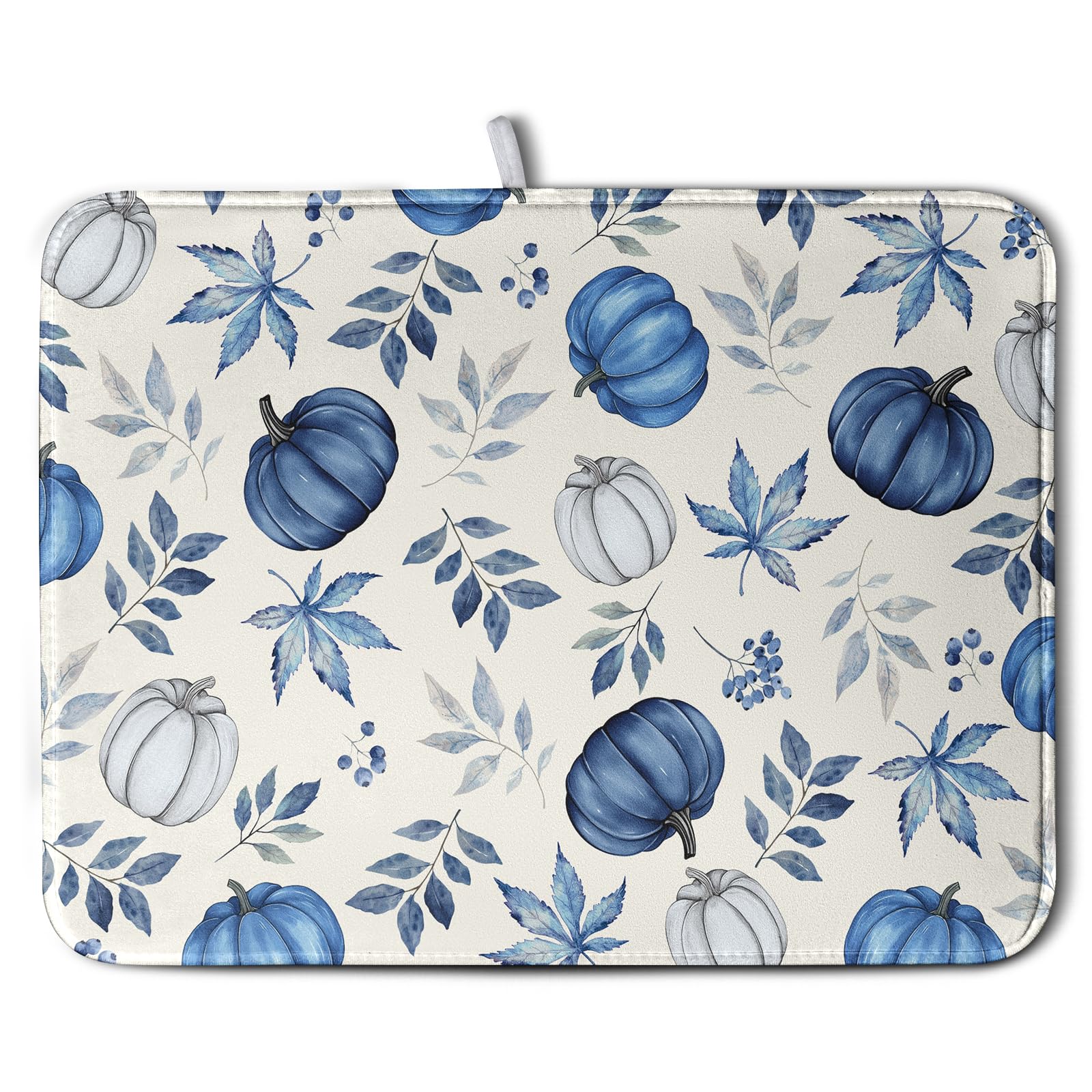 Wnoesat Fall Dish Drying Mat Blue Pumpkin Maple Leaves Drying Mats for Kitchen Counter 18x24 Inch Autumn Thanksgiving Absorbent 