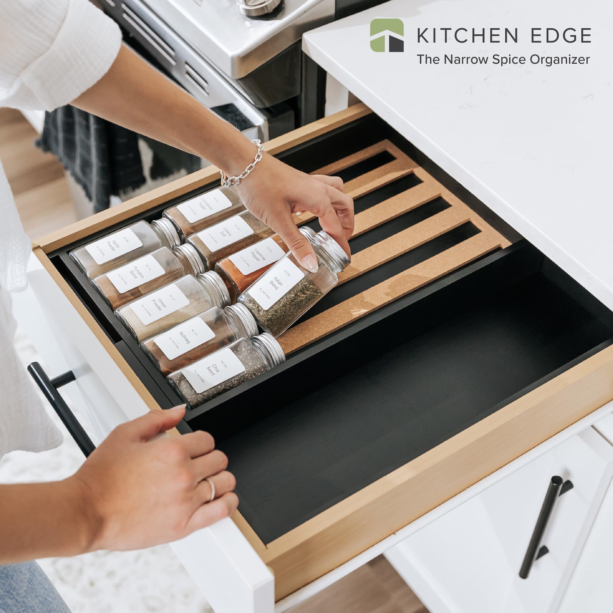 Kitchenedge Spice Drawer Organizer With Expandable Storage. Holds Up To 15 Spice Jars (Not Included), Non-Slip Feet, Kitchen Acc