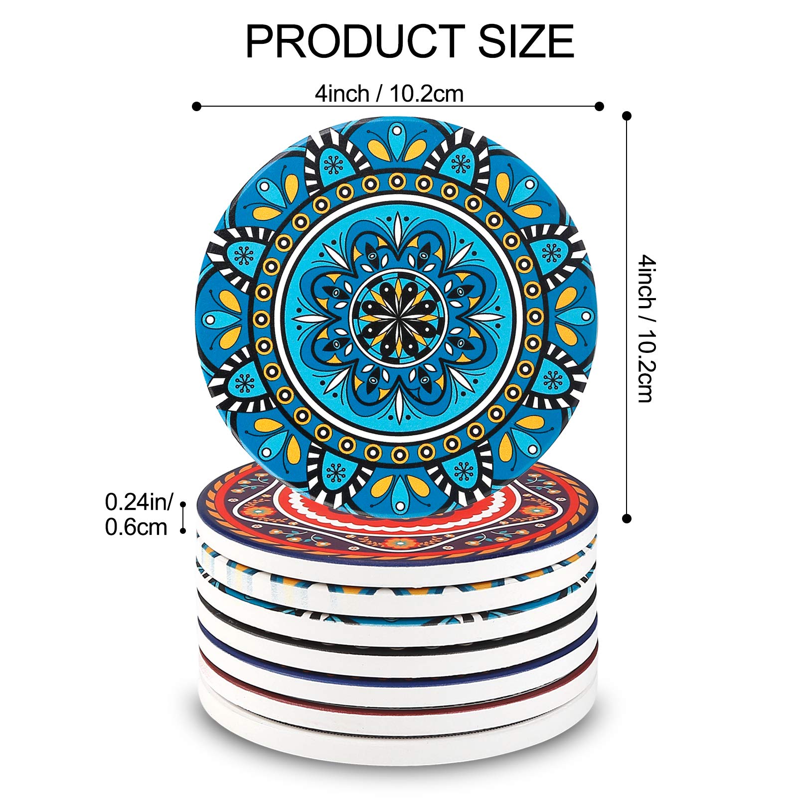 Aodini Coasters For Drinks, Set Of 8 Absorbent Stone Coasters For Wooden Table, Mandala Ceramic Coasters With Cork Base, Gift Fo