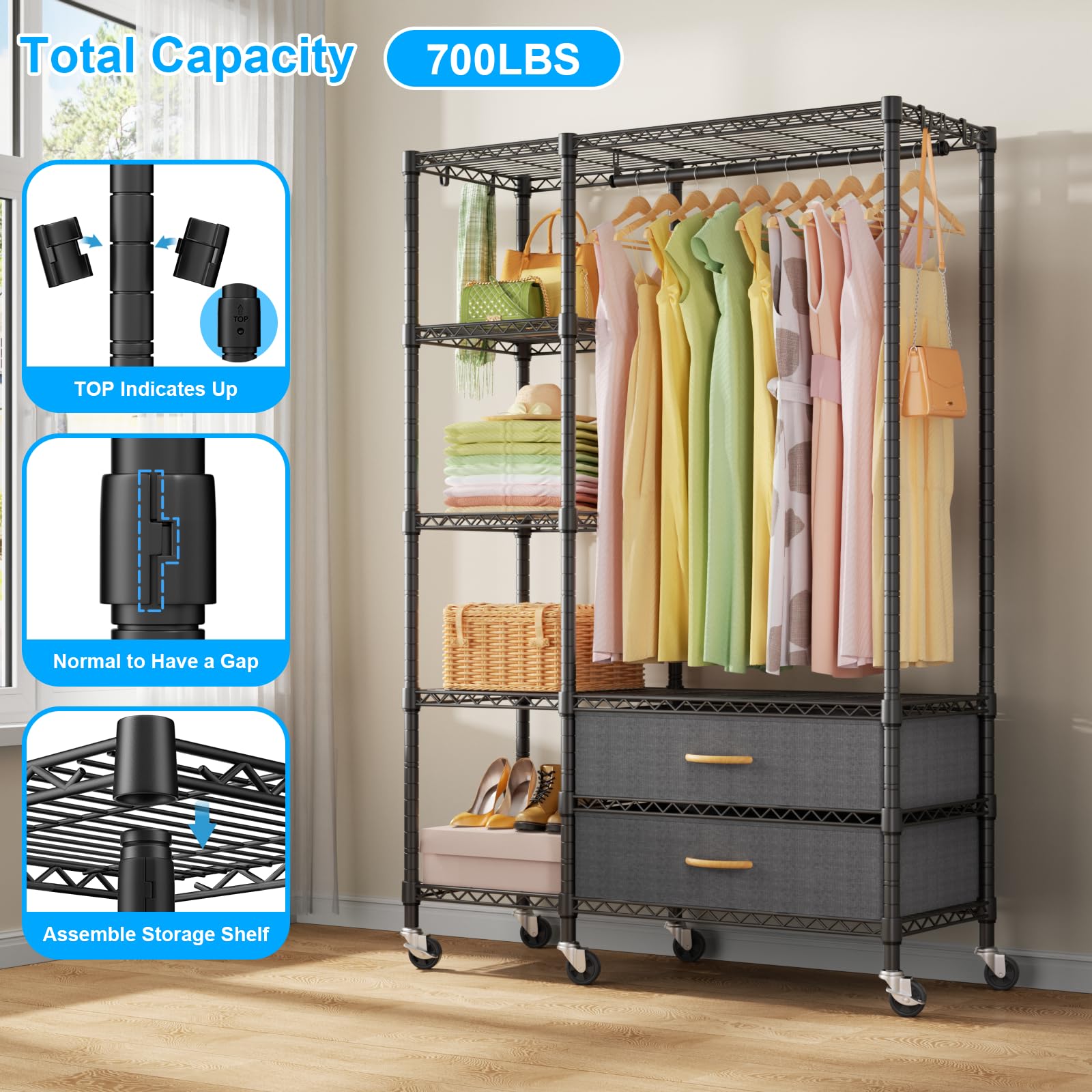 Ulif F3R Heavy Duty Clothes Rack(With Lockable Wheels)Freestanding Clothing Racks For Hanging Clothes