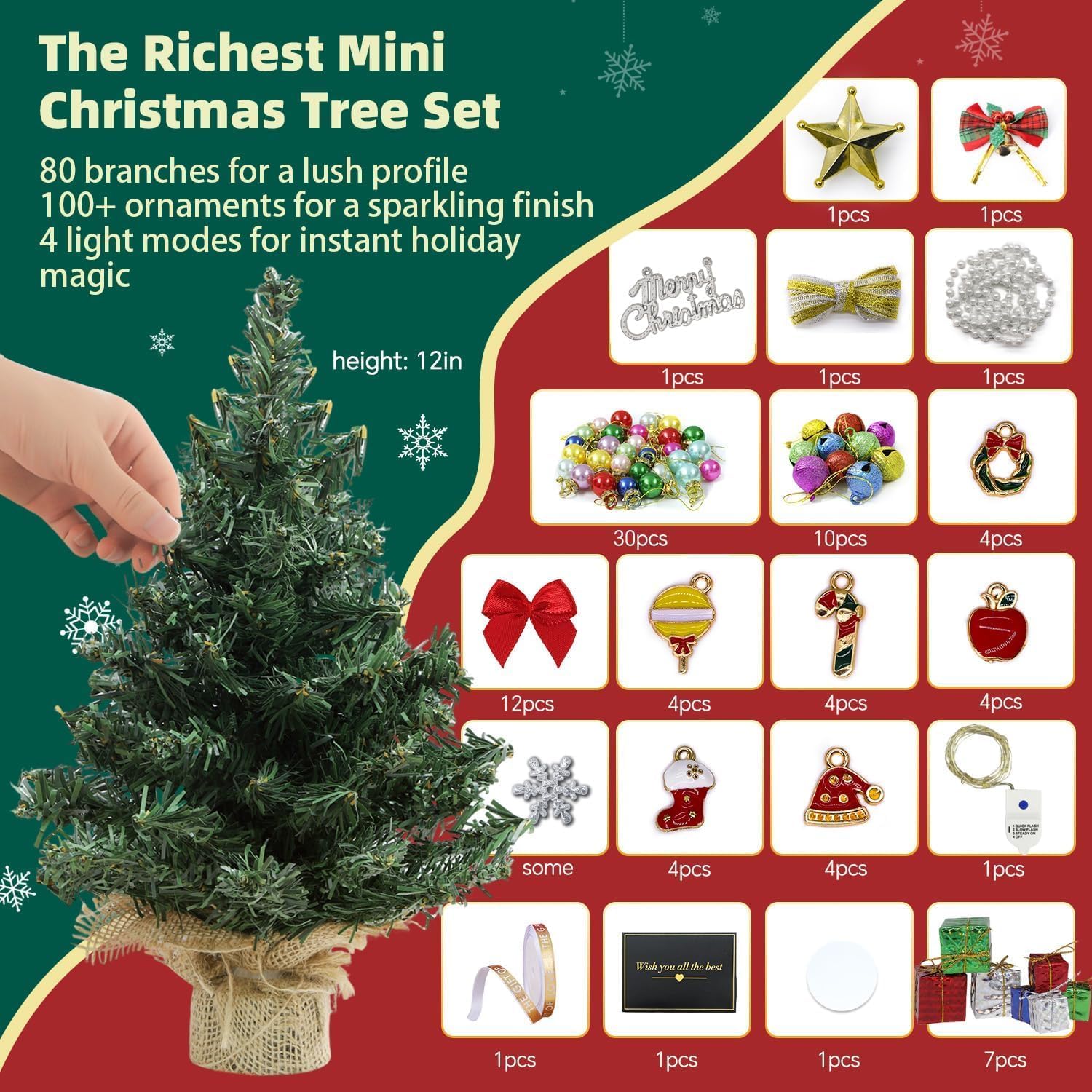 iLAND Mini Christmas Tree Tabletop Small Christmas Tree 12 inch Cute Xmas Table Decoration for Office Desk Shelf Dorm Party Tiny