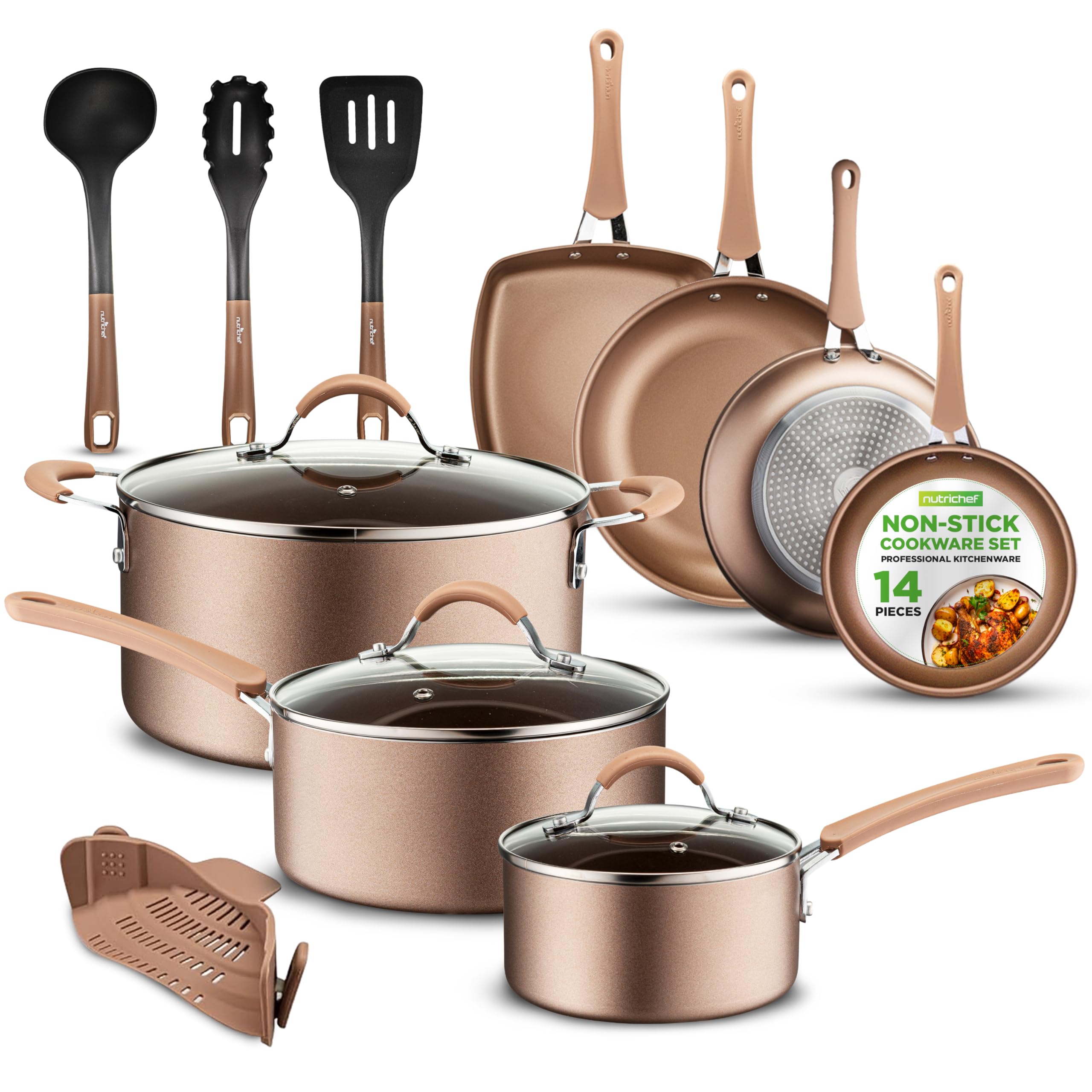 NutriChef 14-Piece Nonstick Cookware PFOA/PFOS-Free Heat Resistant Lacquer Kitchen Ware Set w/Saucepan, Frying Pans, Cooking, Du