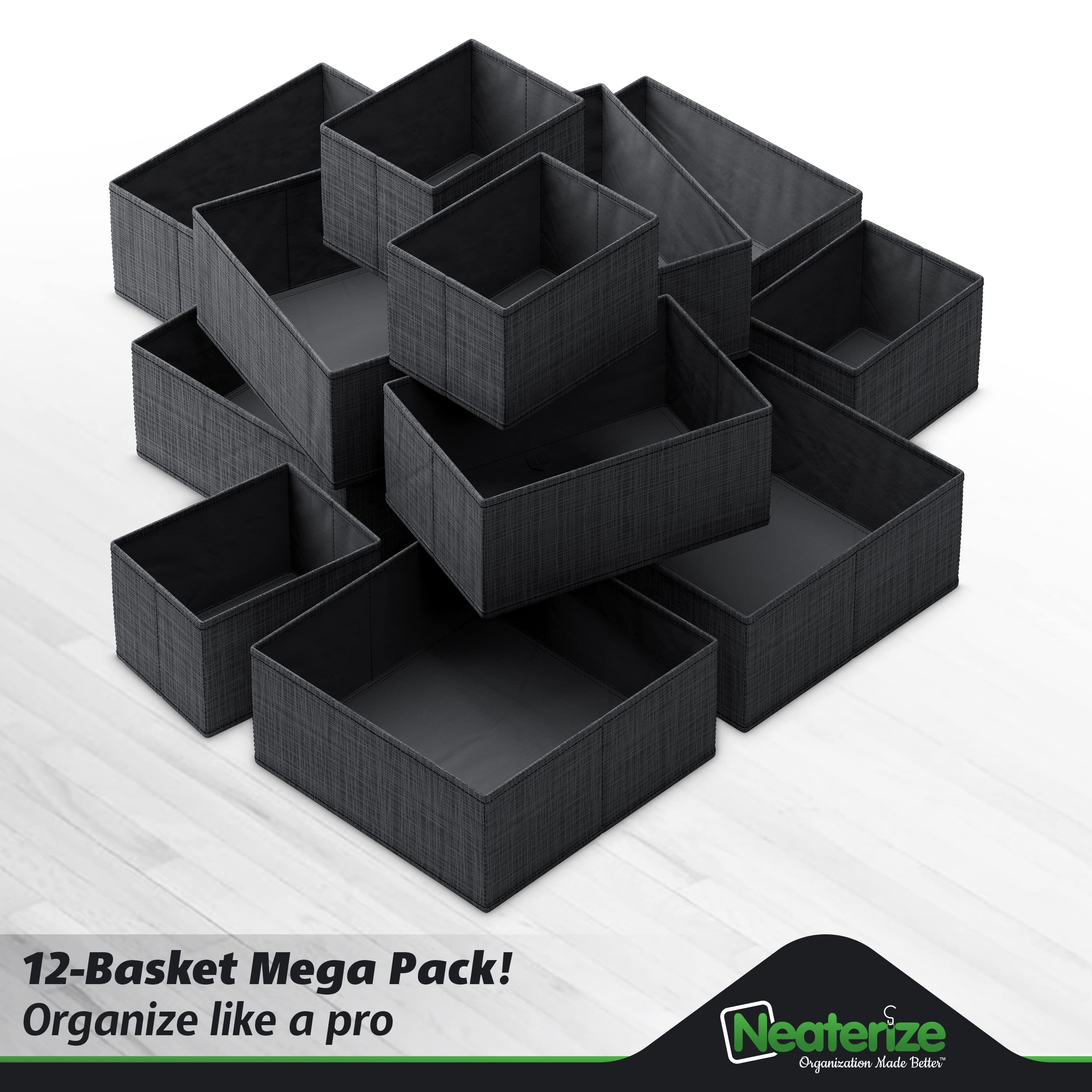 NEATERIZE Drawer Organizer - [Set Of 12] - Closet Organizer and Storage Baskets| Foldable Cloth Drawers Divider | Fabric Bin For