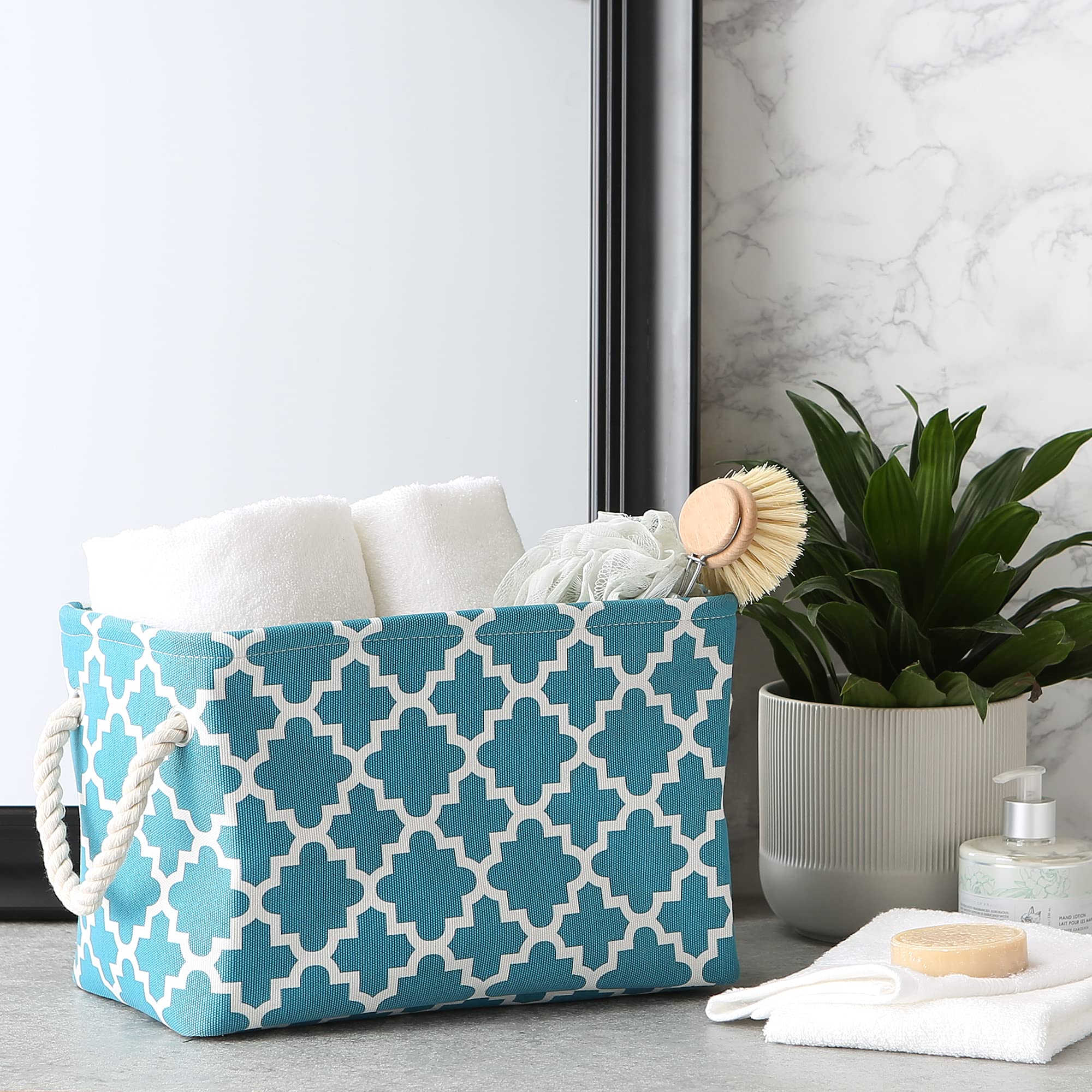 Dii Polyester Container With Handles, Lattice Storage Bin, Small, Storm Blue