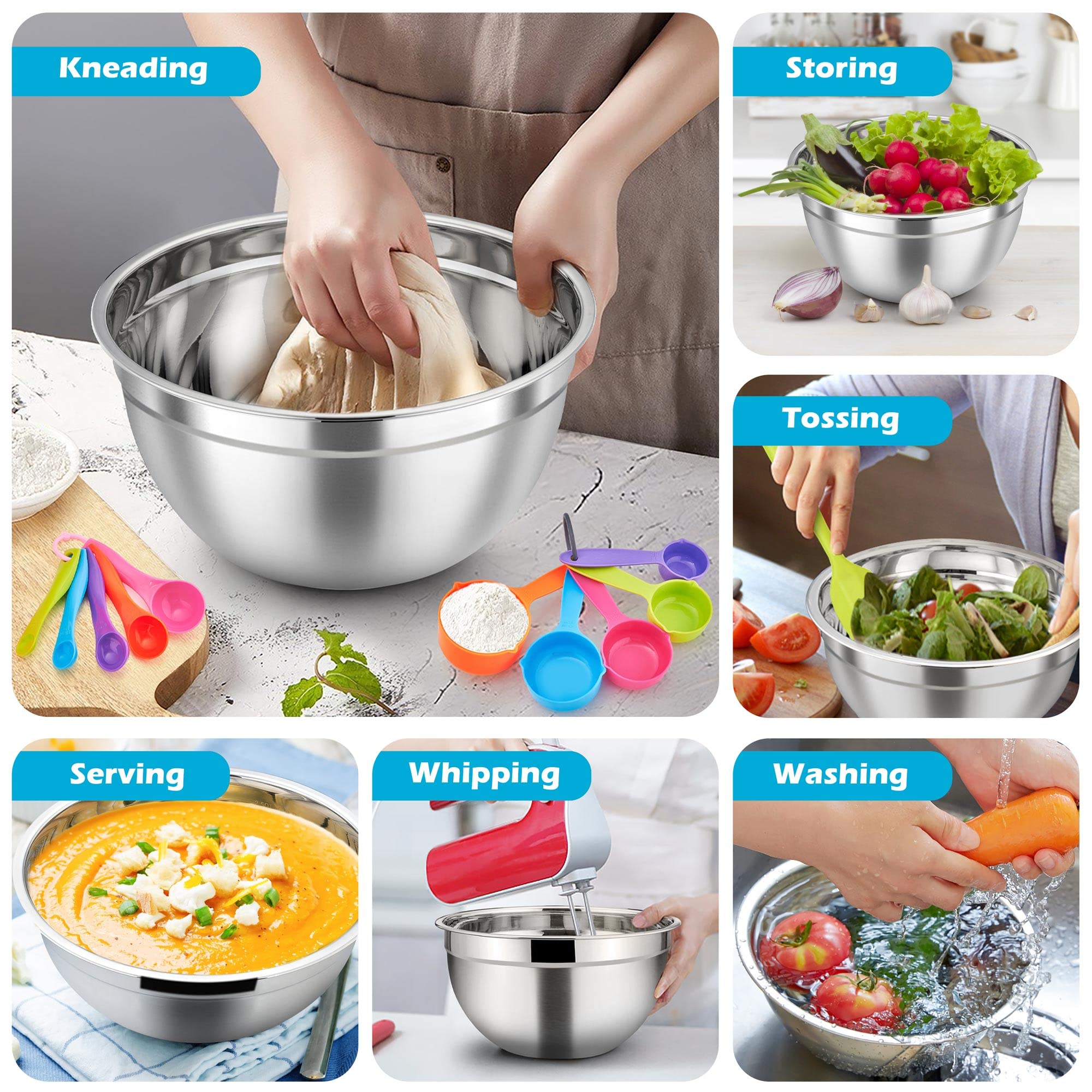 Teamfar Mixing Bowls With Lids Set Of 7, Stainless Steel Nesting Mixing Bowls Set With 16 Pcs Kitchen Utensils For Prepping Mixi