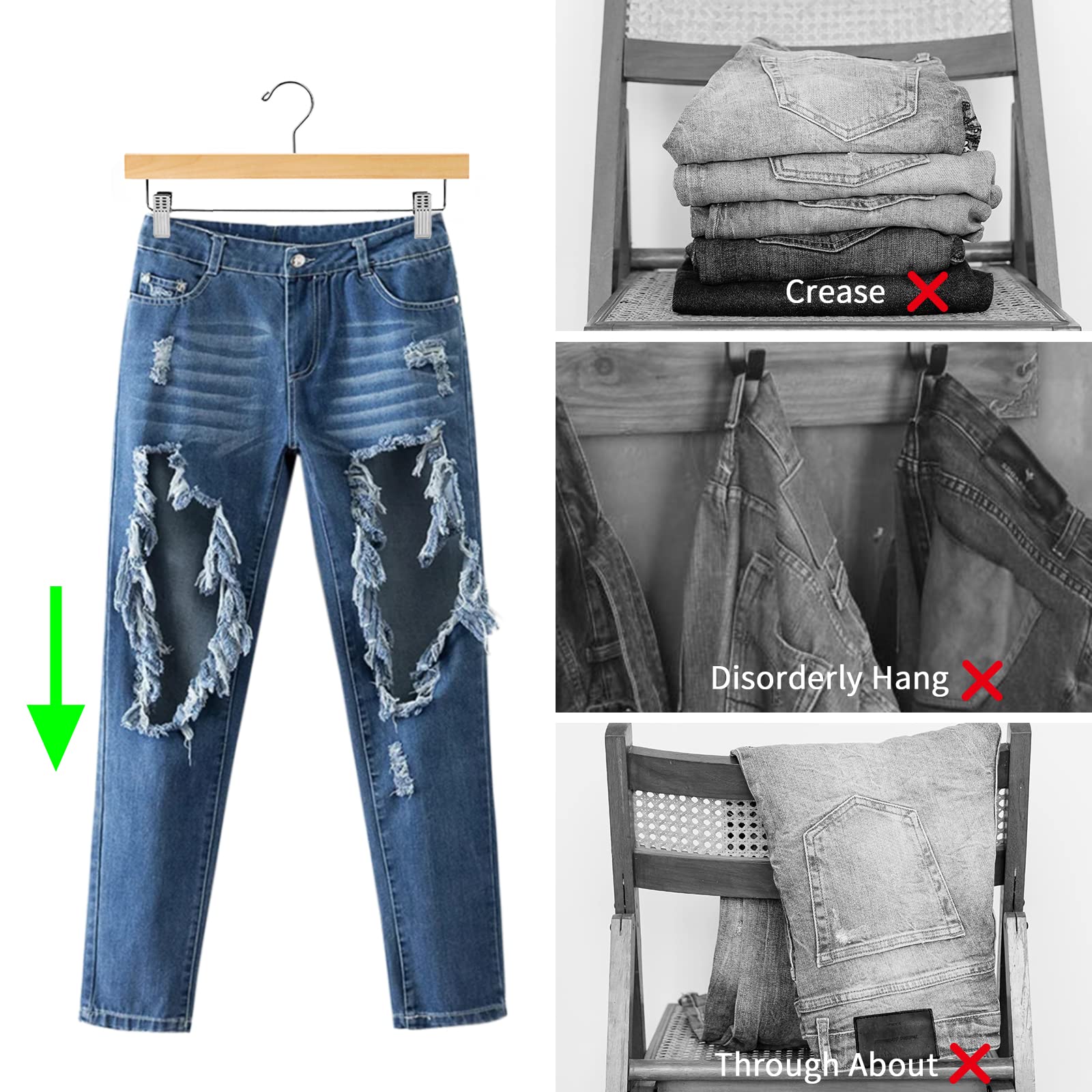 Nature Smile Wooden Pants Hangers Skirt Hanger Solid Lotus Wood Jeans Bottom Hanger with Clips Natural Color(20 Pack)