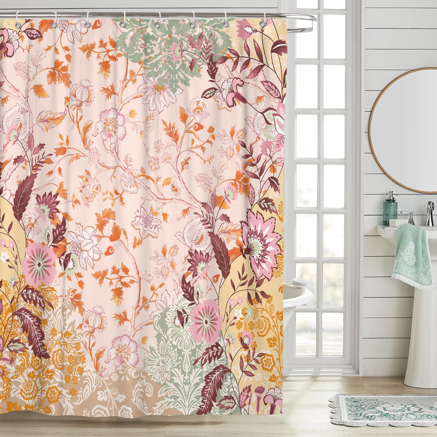 Bsheuancek Woodiggie Boho Floral Shower Curtain For Bathroom,Bohemian Flowers Colorful Shower Curtain With Hooks,Polyester Fabri