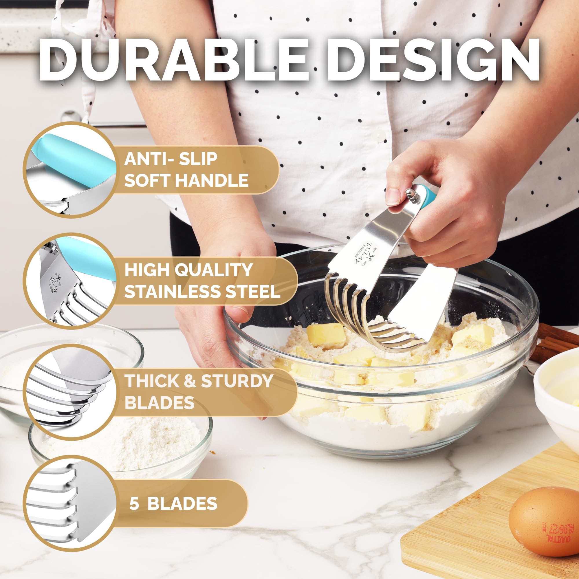 Zulay Kitchen Dough Blender - Heavy Duty Stainless Steel Pastry Cutter, Medium Size, Blue