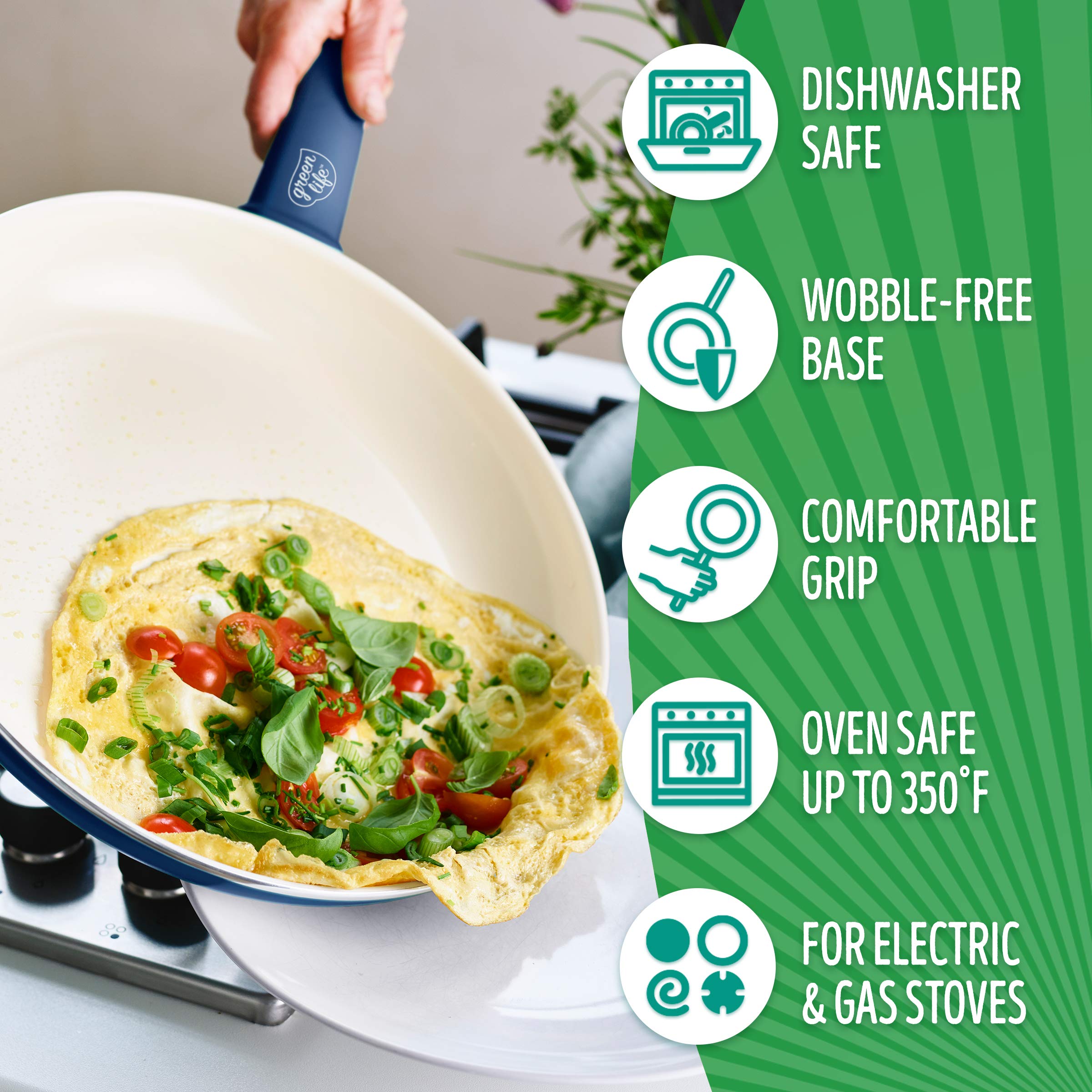 GreenLife Soft Grip Healthy Ceramic Nonstick 12 Piece Cookware Pots and Pans Set, PFAS-Free, Dishwasher Safe, Blue