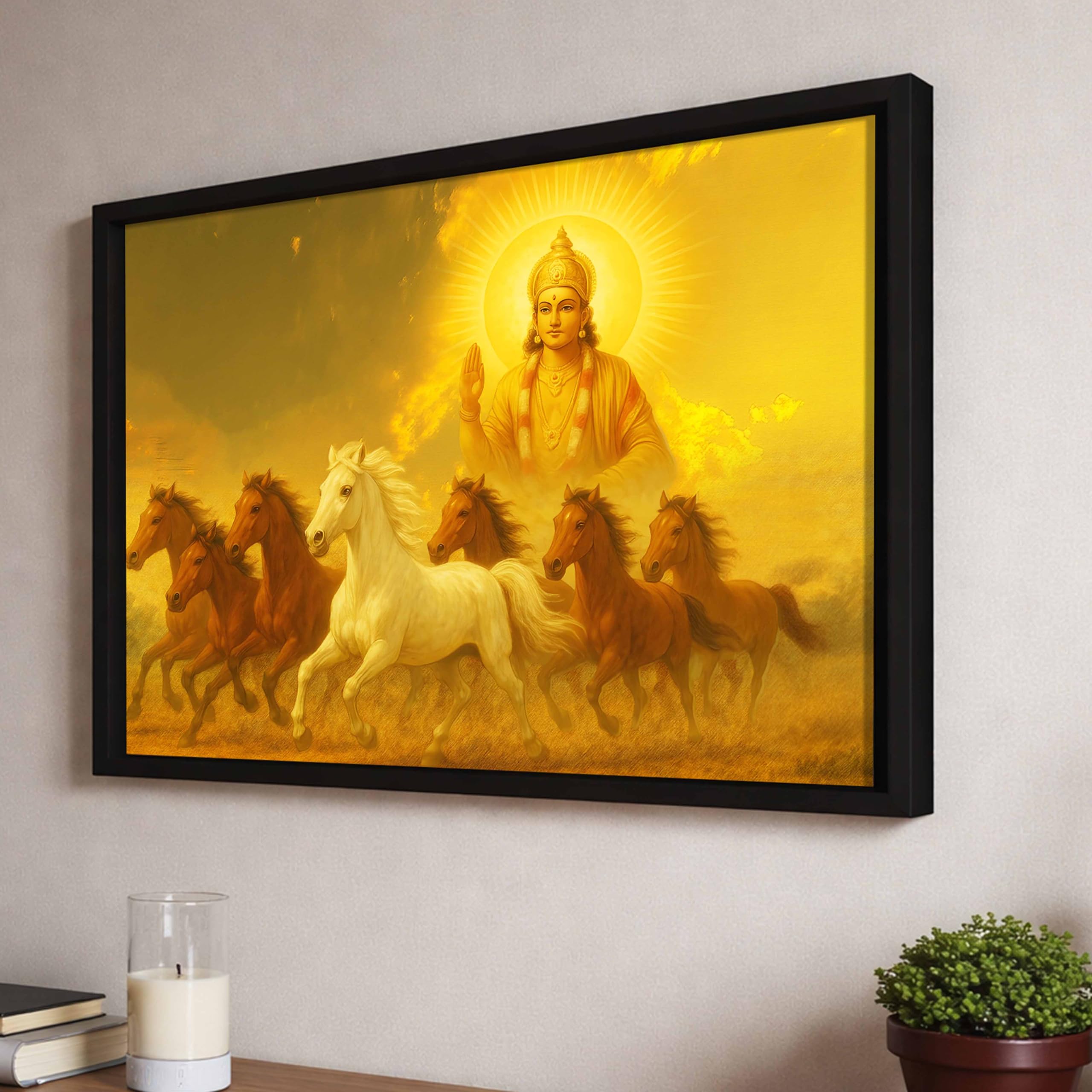 Divine 7 Running Horses Vastu Framed Wall Art Painting For Living Room | Golden Spiritual Seven Horse Painting With Frame Symbol