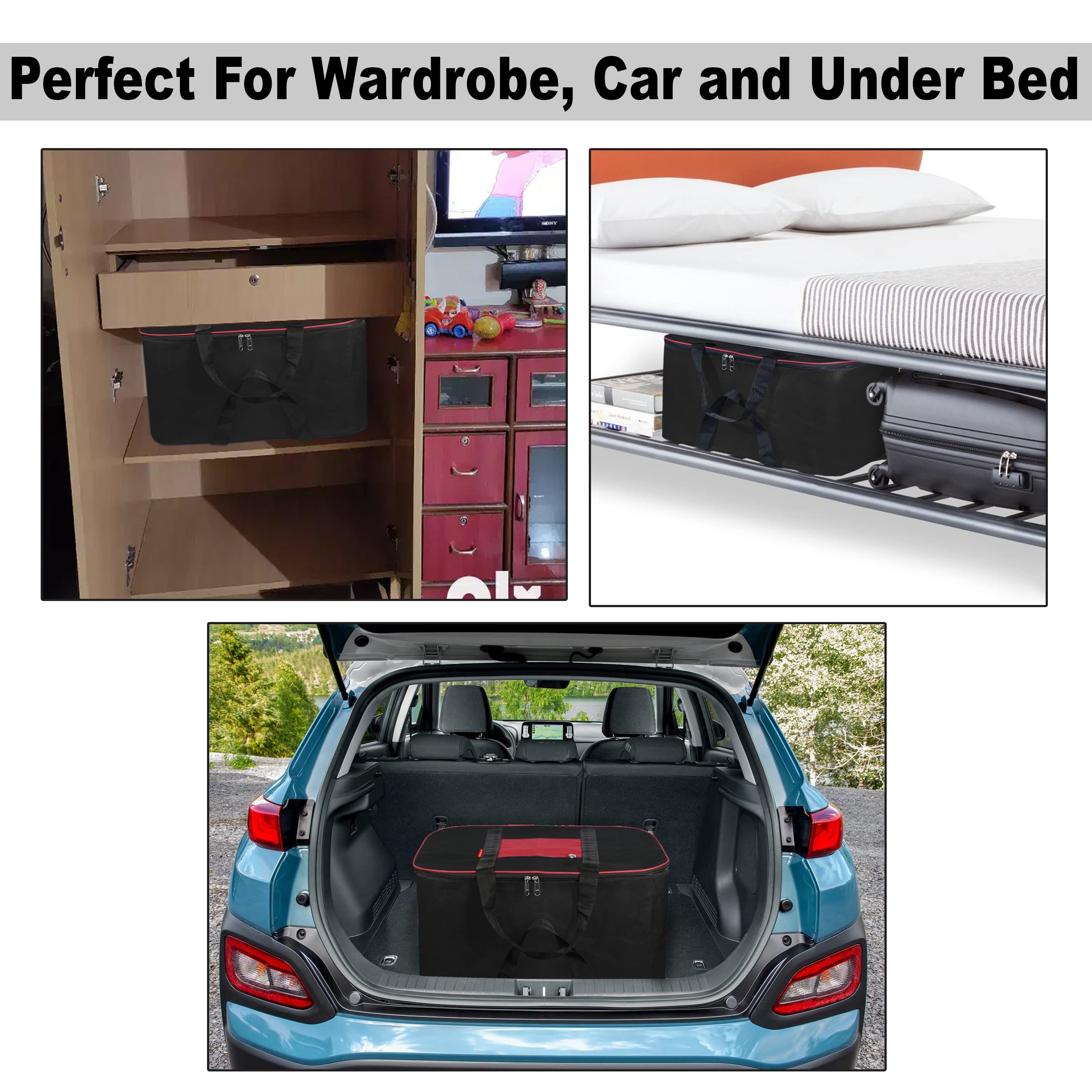 Sndia 3 Pack Nylon Big Underbed Storage Bag Moisture Proof Cloth Organiser With Zippered Closure And Handle(Blackred, 54X46X28Cm