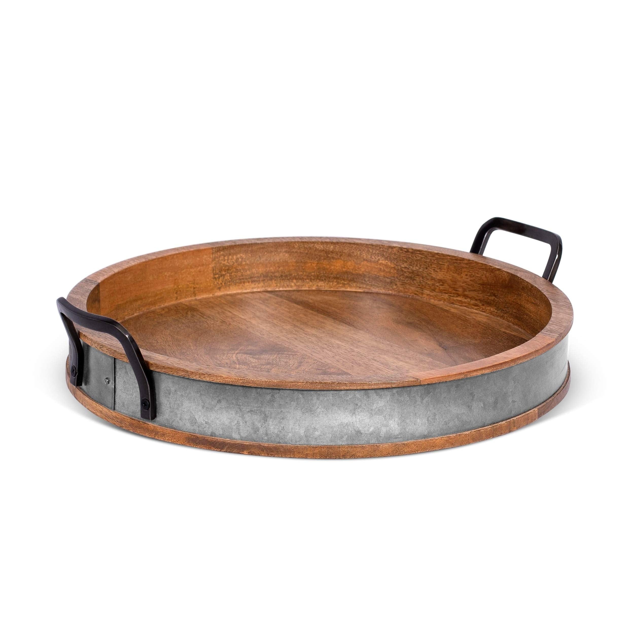 Birdrock Home Wooden Serving Tray With Handles - Iron Accents - Round Barrel Top Breakfast Trays - Tea Cheese Board - Coffee Tab