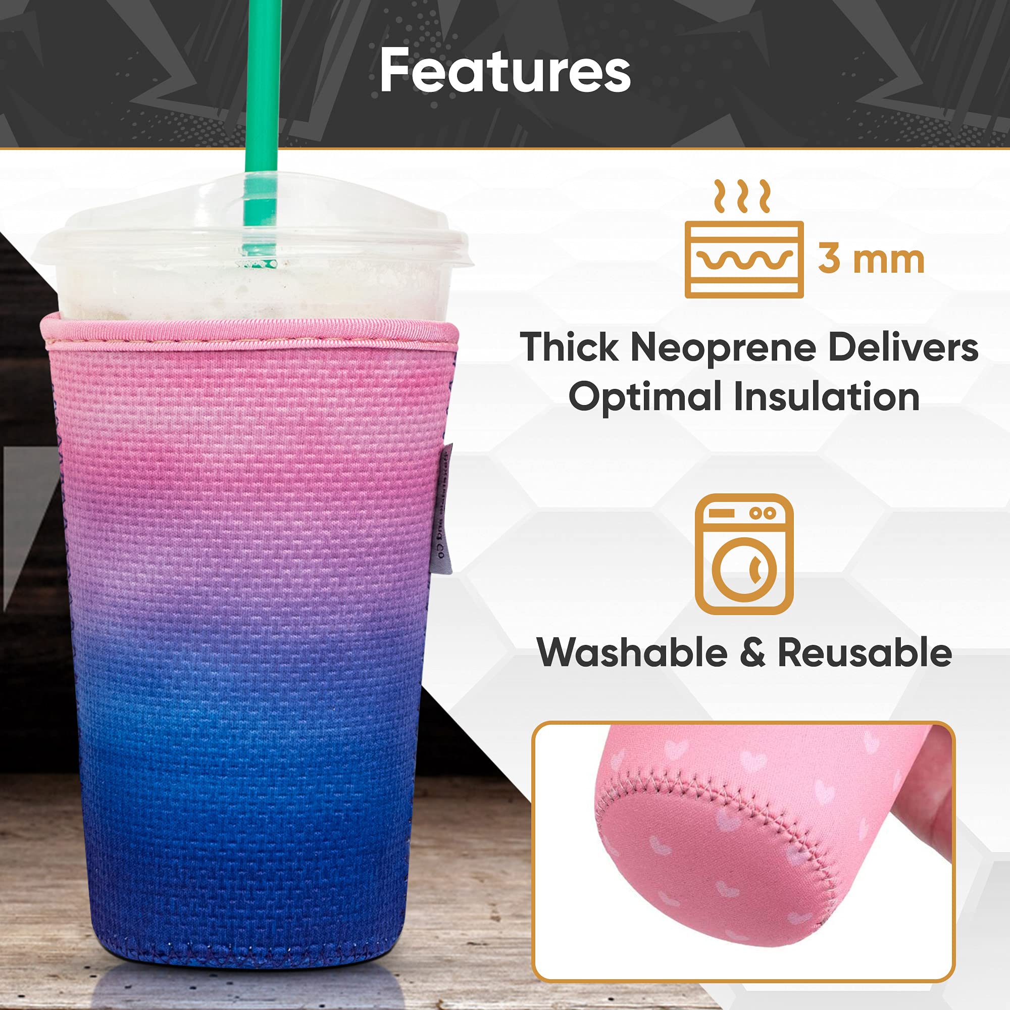 Baxendale And Co Reusable Neoprene Insulator Sleeves For Large Sized Iced Coffee And Cold Drink Cups (2 Pk Large 32Oz, Gold/Blac