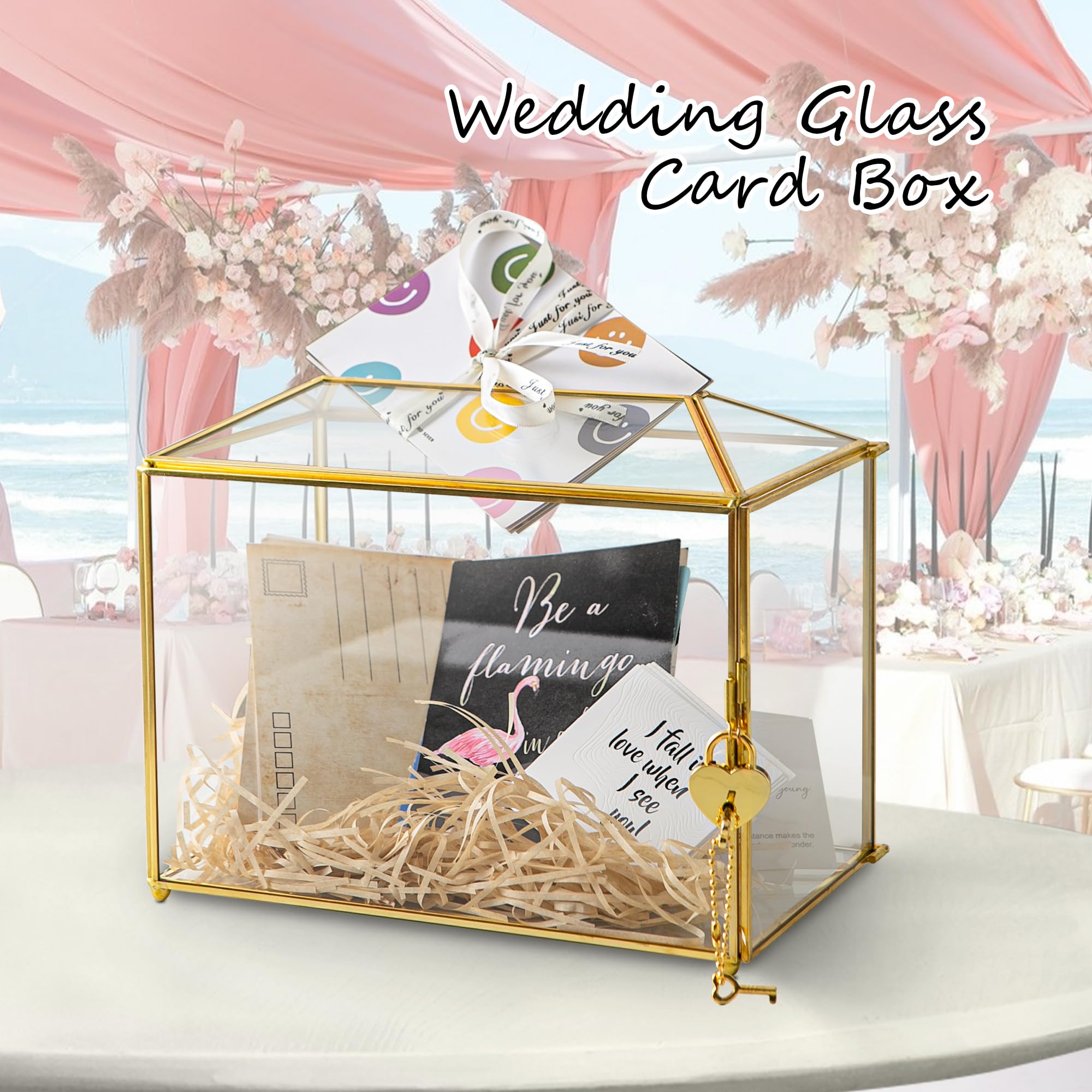 Sanllusit Small 10.2 x 6 x 8 Glass Cards Box with Slot and Lock for Wedding Reception - Home Birthdays Party Geometric Decorativ