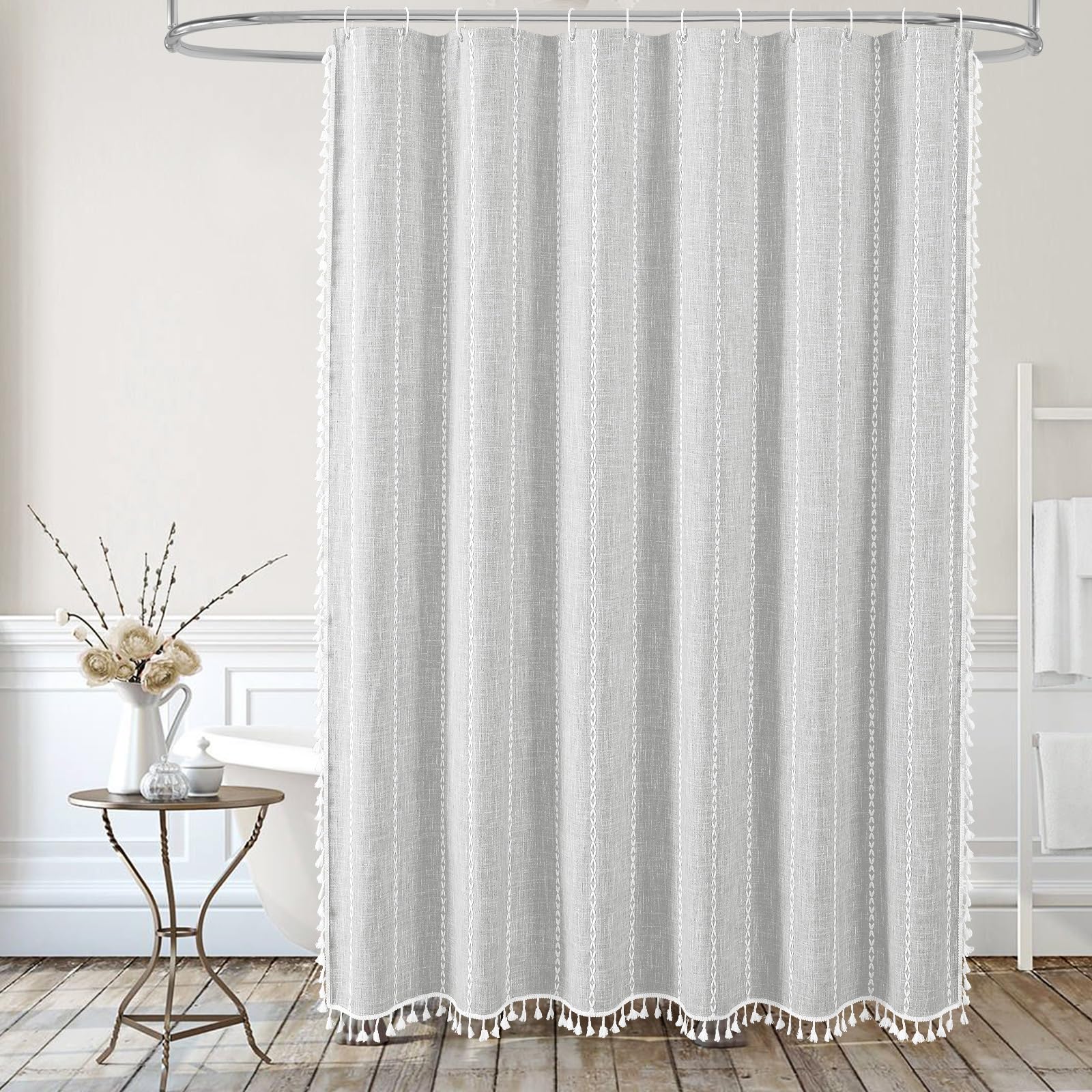 Mitovilla Grey Boho Farmhouse Small Stall Shower Curtain Set 36 X 72, Half Size Narrow Cotton Linen Fabric Shower Curtains For F
