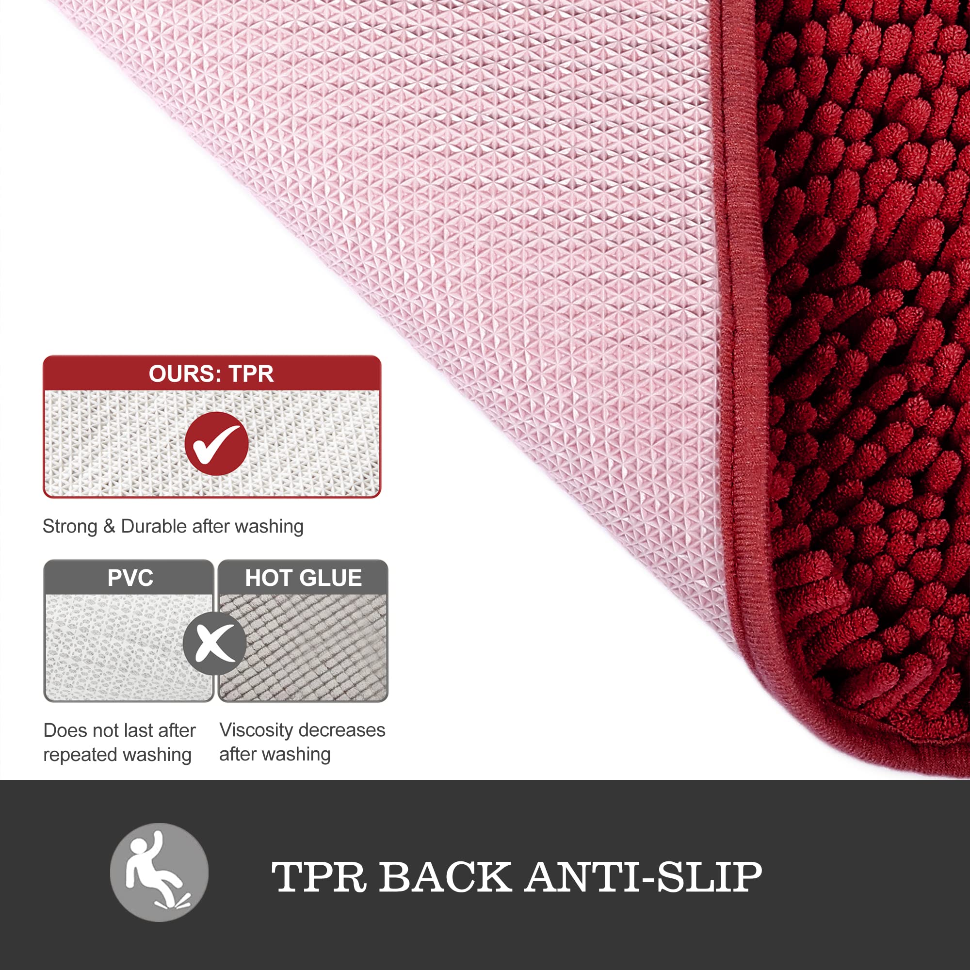 Yeaban Burgundy Bathroom Rugs - Thick Chenille Bath Mats | Absorbent And Washable Bath Rug Non-Slip, Plush And Soft Rugs For Bat